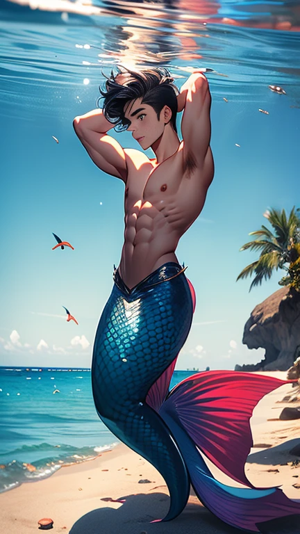 Full body image, mermaid tail, Boy 18 years old, big muscles, shirtless, short hair, sexy, tired face. Sexy poses under the sea, armpit hair