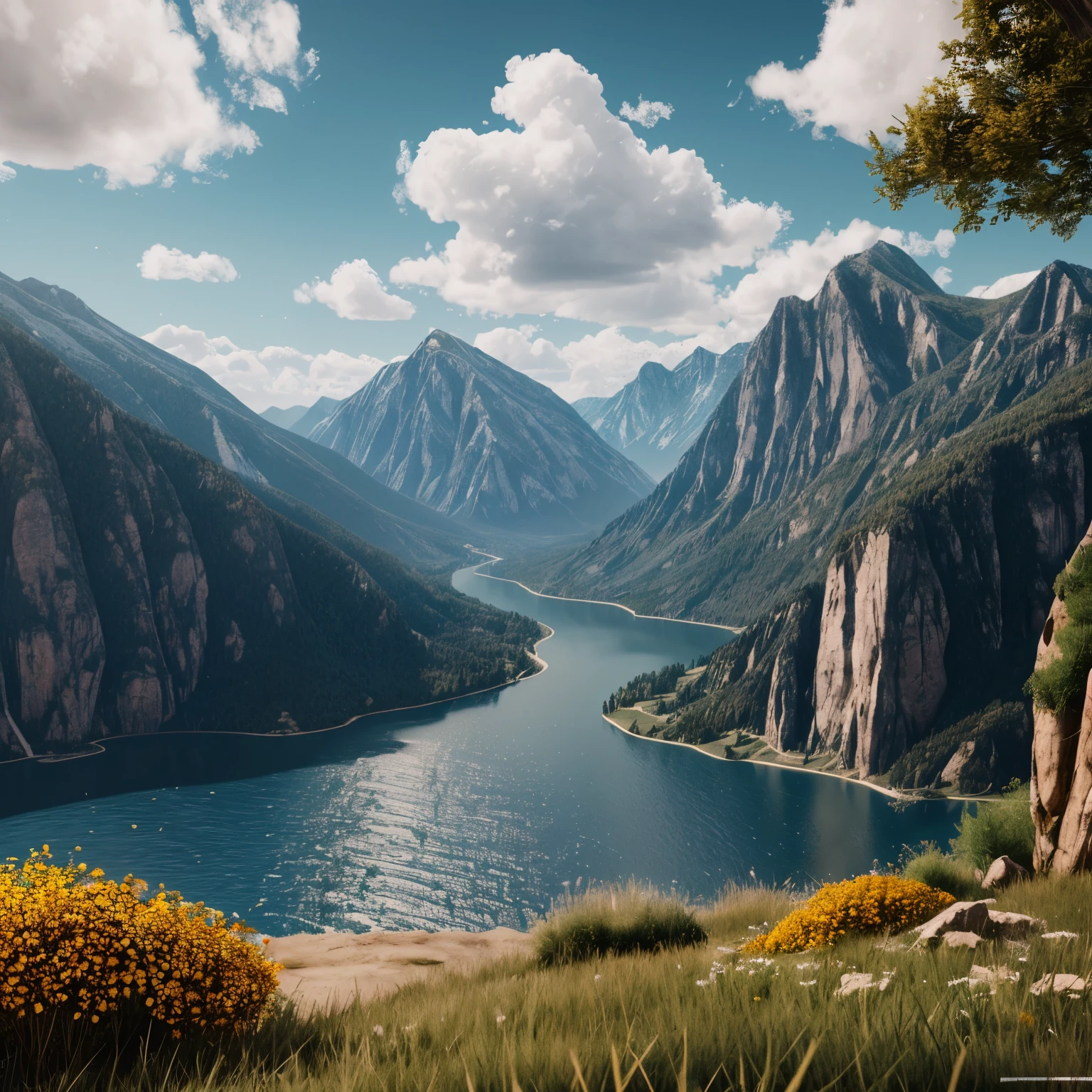 masterpiece, best quality, high quality, Very detailed CG unity 8k wallpaper, landscape, outdoor, sky空, cloud, sky, No humans, Mountain, landscape, water, Tree, blue sky空, waterfall, cliff, nature, lake, river, cloudy sky空,Award-winning photography, Bokeh, Depth of Field, HDR, bloom, Chromatic Aberration ,Reality,Very detailed, Popular on artstation, Popular on CGsociety, Wheels within wheels, High Detail, Dramatic, midjourney's Artwork