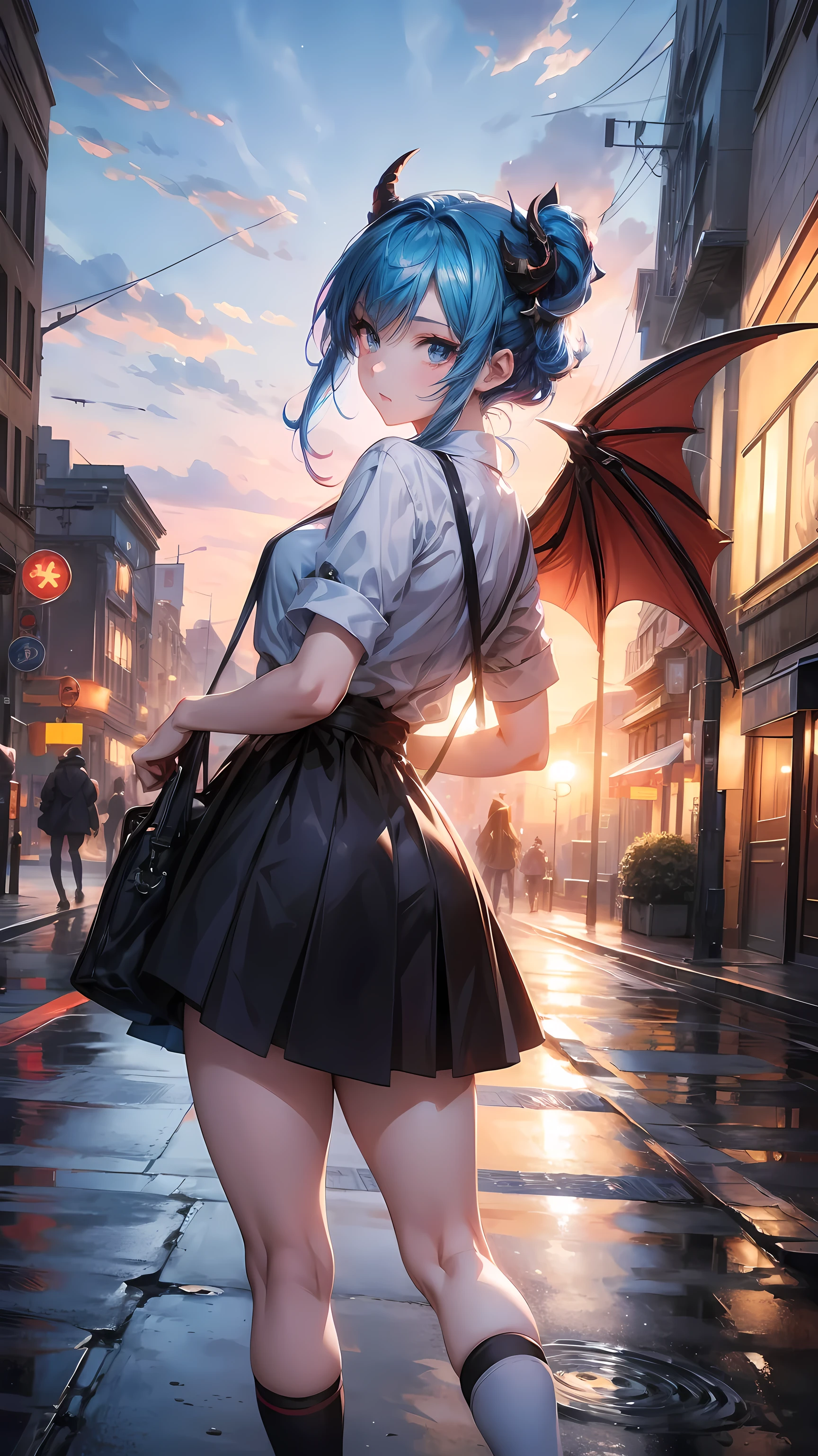 Anime girl with blue hair and horns on the street, 3D realistic animation, 2. 5D CGI anime fantasy artwork, Anime style 3d, Anime style. 8K, 4k Anime style, 3d style realistic anime, deviantart artstation cgscosiety, Digital Animation Art, guweiz style art, detailed Digital Animation Art, White shirt, Dragon Wings