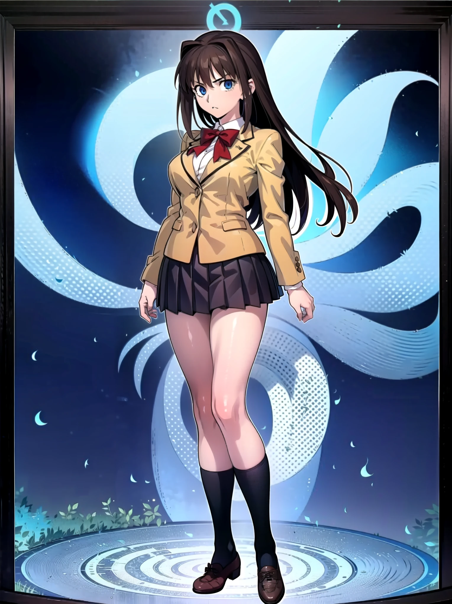 BREAK, centered, BREAK, (EMPTY BACKGROUND), BREAK, (masterpiece), best quality, highest resolution, 8k, illustration, (beautiful detailed eyes:1.5), extremely detailed face, extremely detailed body, CG, perfect hands, perfect anatomy, ((1girl)), ((solo)), (((bbaoko))), ((2 legs max)), ((2 feet max:1.5)), ((swirling vortex shaped longest brown hair:1.5)), (brown longest hair with slightly reddish undertone:1.6), (lush luscious longest brown hair:1.6), (very long voluminous longest brown hair:1.5), serious, blue eyes, red bowtie, (Form-fitting beige blazer:1.5), brown jacket, (highly detailed beautiful face:1.2), (white shirt:1), (well shaped large breasts:1.6), (nice hips:1), pretty legs, (highest black socks:1.5) ((Umber pleated skirt:1.6)), ((bkshrt:1)), (toned visible skin thighs:1.6), (strap shoes brown color), (facing front:1.5), ((standing straight:1.5)), ((Fullbody in frame:1.5)), ((Full body:1.5)), (takeuchi takashi:1.3)