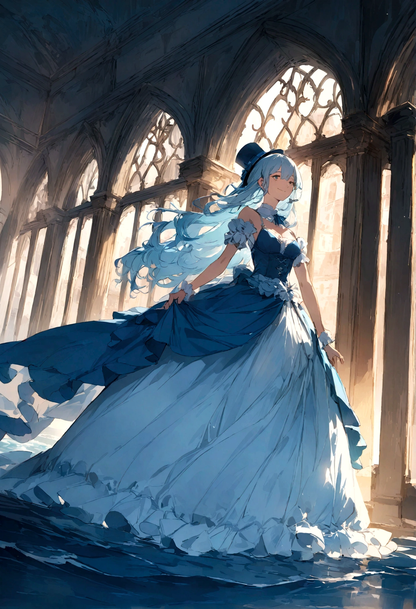 Land of Water、Ocean、Baroque architecture、Blue Top Hat、A 20-year-old woman with an innocent smile