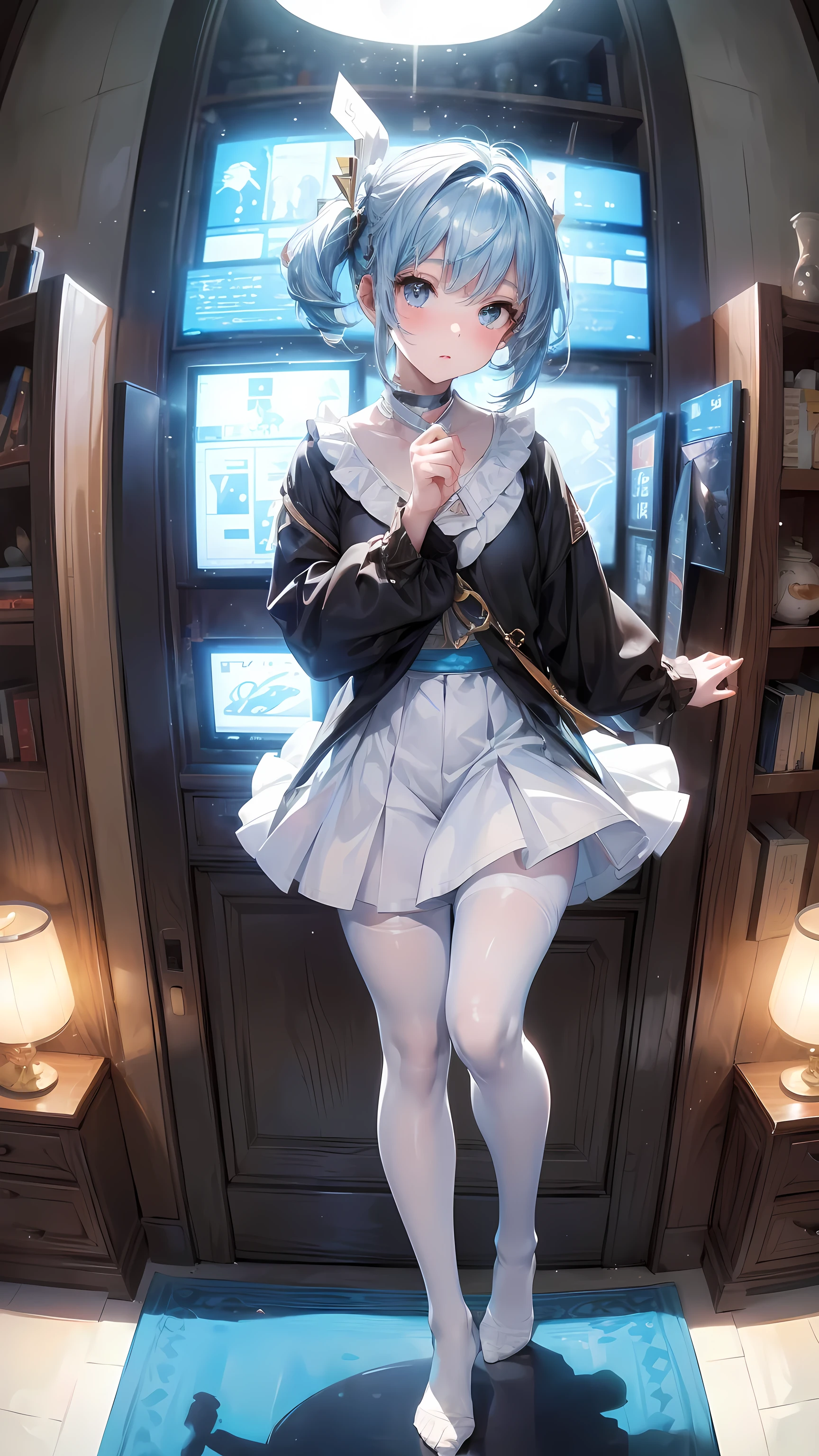 (score_9,score_8_up,score_7_up), ,, (hadrian,standing and show foot,standing and show sole,from above,foot focus,fisheye,standing on one leg,sole),white pantyhose,blue hair,holding leg,