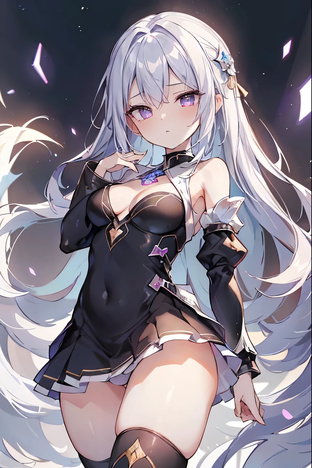 1girl, anime, cute girl, blank background, white background, fantasy, detailed fantasy dress with highlights, beautiful face, beautiful eyes, dark colors, black hair with multicolor streaks, red eye with different color pupil in eye, multicolor eye, medium breasts, slight cleavage, beautiful skin, cute, breast curtains, extremely delicate and beautiful, (beautiful detailed face:1.0), (detailed deep eyes), symmetrical breasts, deep eyes, shiny skin, portrait, slender waist, hips wider than shoulders, thighs, expressionless, young girl, luminous eyes, adorable,(Kpop idol),(aegyo sal:1),(Platinum blonde hair:1),((puffy eye)),Black panty,sexy posture,Superskirt, Ultra-high resolution,Black collar,slim figure, Abdominal y tattoo, womb tattoo,Tight-fitting leg ring,y tattoo on half-body,Bare skin, Armored hand,Hidden fingertips,Hand covered,Arm covered,Fist covered,{{beautiful detailed fingers}}, tufts of hair, moderate beautiful breast:1.0,(masterpiece:1.2), best quality, high-res, HDR, perfect face, intricate armor, delicate blue filigree, intricate filigree, red metalic parts, detailed part, dynamic pose, dynamic lights, cute face, neutral expression, shuimobysim, lotus, hanfu, maxi skirt, dress conservatively 1girl, solo, long blue hair, standing, One lady,14years,((White hair) ,(Shiny purple bodysuit with microskirt),((Fantasy, Moon Night)), gradient_eyes,