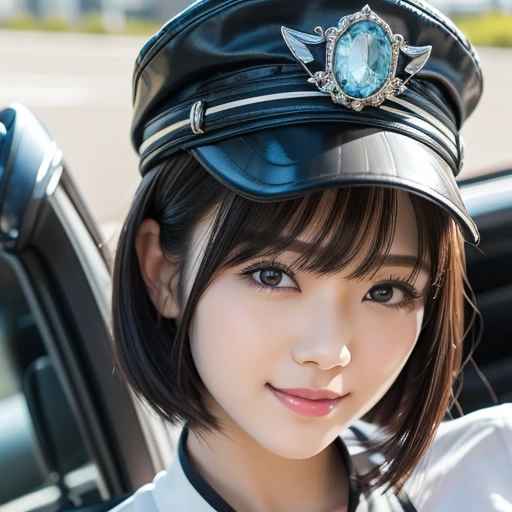 highest quality、Cute Face、Very detailed、High resolution、8k、Thin lips、Detailed face、Cute Smile、Cute Japanese Woman、Cute 24 year old beauty、Beautiful and elegant face、Cute Face、Natural Bangs、Arched eyebrows、Shaped eyebrows、(big, Balanced Eyes)、Cute eyes、Beautiful thin nose、Beautiful Skin、Medium Bob Hair、Natural Bangs、Slim face、Slim figure、（happinessそうな表情で正面を見て)、Flat lighting、Bright lighting、Professional Lighting、Forward lighting、A kind smile、Facial Lighting、fun、Happy、happiness、Fair skin、Cap、