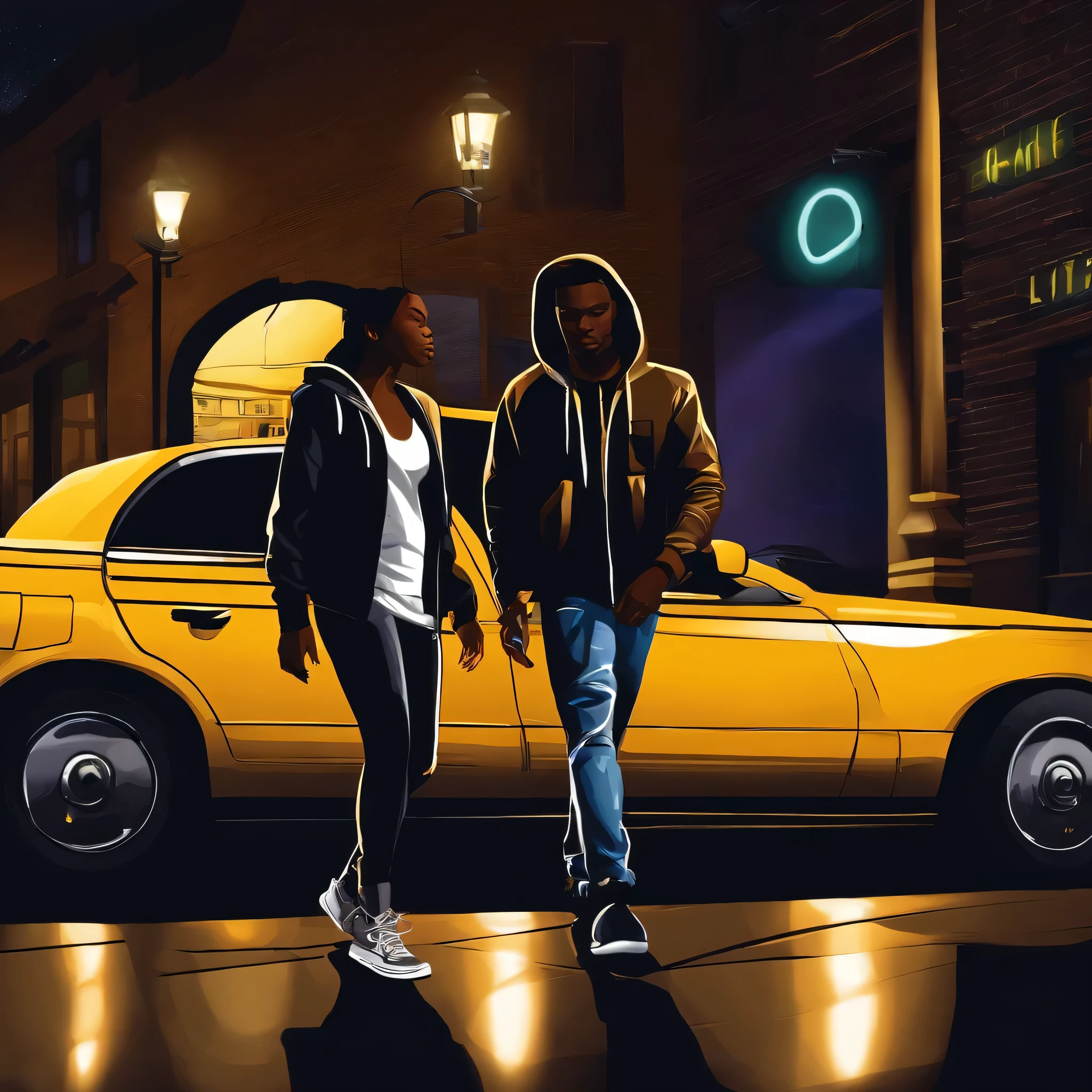 animated image of a young african american male wearing a hoodie iver his head with a an african american female leaving the club and getting into a cab add a lot of detail to the surrounding showing the beauty of night life amd good fun with people packed outside and others walking into the club