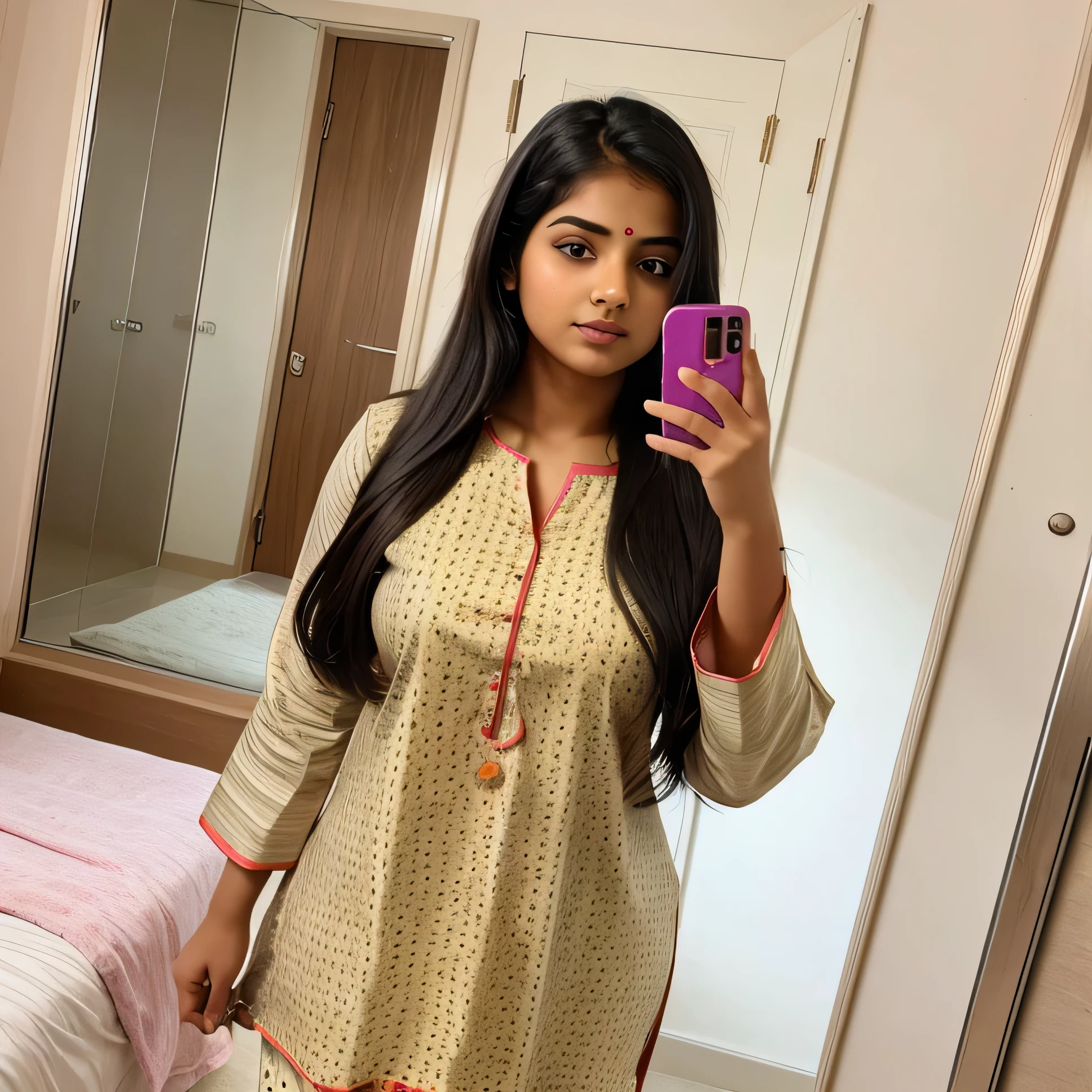 indian girl, college girl, curvy figure,19 year age, mirror selfie, photo realism, in kurta ans pyjamas