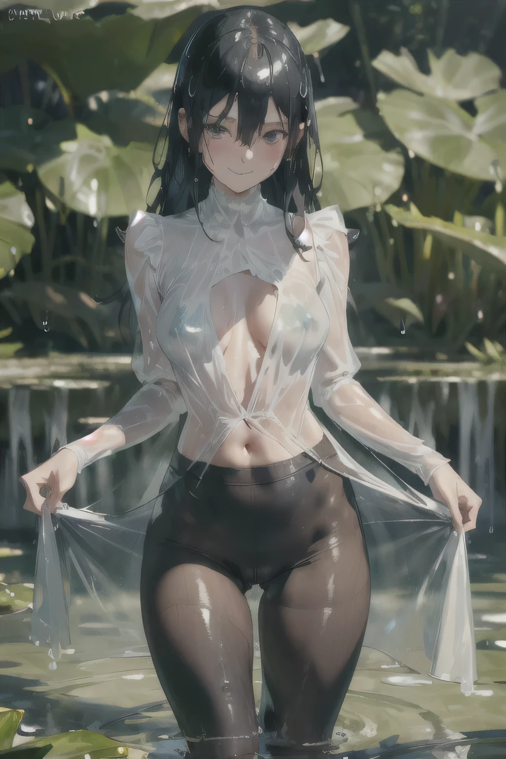 Slime Skin,luminous translucency,female,Round Face,Solitary,Exaggerated Action,Relax,elegant,whole body,(((Exposing thighs))),full,Transparent openwork,Deep V,((Short skirt)),stocking,leggings,Disheveled,(((Wet clothing))),(((Ultra-thin clothing))),Grinning,(Monet)