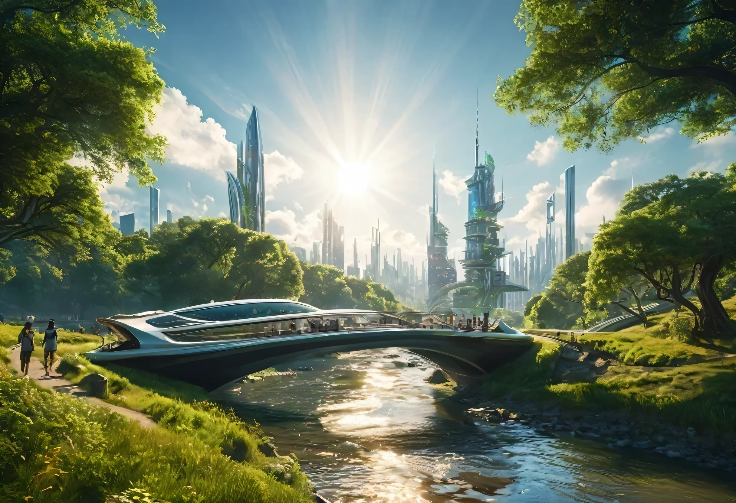 Art Photography，There is a boat，There are people on board，National Geographic，masterpiece，oscar winning，8k，futuristic city，In the foreground is a bridge and a river, beautiful City of the Future, 2055, futuristic city landscape, City of the Future, Future Utopian City, in other words，futuristic city, Human futuristic city, Valle futurista, Future Landscape, City of the Future in russia, futuristic city landscape的照片