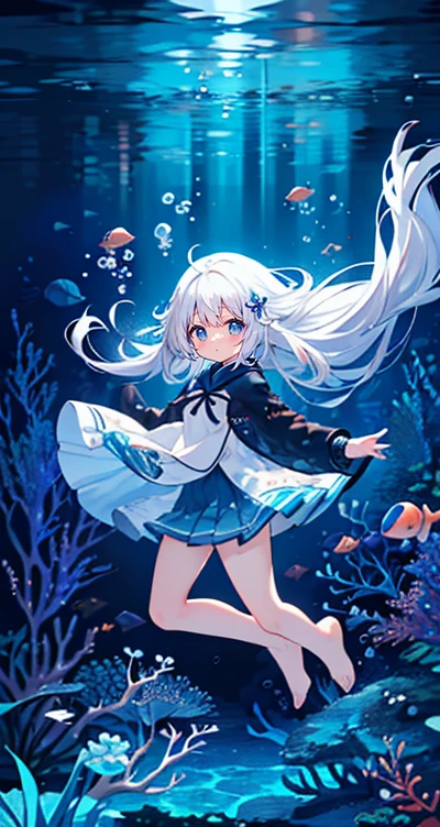 (Peace Fly), (highest quality), Very detailed, 1 girl, Personal full-body photo, Perfect Face, beautiful girl, Very detailed顔,(Long white hair:1.5),(blue eyes:1.4),(Flowing Hair:1.4),(Underwater:1.4),sink,school fishy,Light,jellyfish,Seaweed,Redfish,fishy,deep sea,Fantasy
