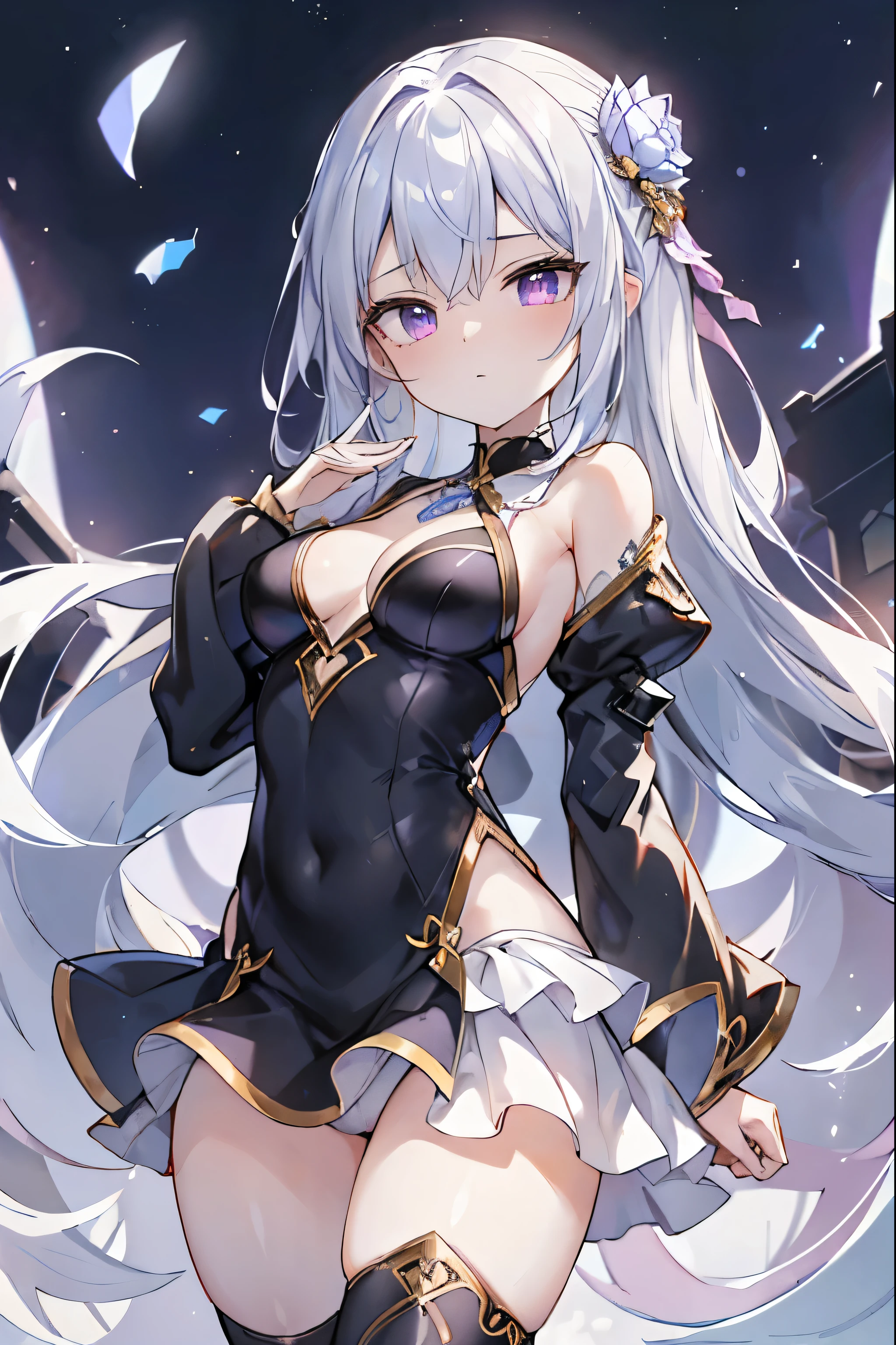 1girl, anime, cute girl, blank background, white background, fantasy, detailed fantasy dress with highlights, beautiful face, beautiful eyes, dark colors, black hair with multicolor streaks, red eye with different color pupil in eye, multicolor eye, medium breasts, slight cleavage, beautiful skin, cute, breast curtains, extremely delicate and beautiful, (beautiful detailed face:1.0), (detailed deep eyes), symmetrical breasts, deep eyes, shiny skin, portrait, slender waist, hips wider than shoulders, thighs, expressionless, young girl, luminous eyes, adorable,(Kpop idol),(aegyo sal:1),(Platinum blonde hair:1),((puffy eye)),Black panty,sexy posture,Superskirt, Ultra-high resolution,Black collar,slim figure, Abdominal y tattoo, womb tattoo,Tight-fitting leg ring,y tattoo on half-body,Bare skin, Armored hand,Hidden fingertips,Hand covered,Arm covered,Fist covered,{{beautiful detailed fingers}}, tufts of hair, moderate beautiful breast:1.0,(masterpiece:1.2), best quality, high-res, HDR, perfect face, intricate armor, delicate blue filigree, intricate filigree, red metalic parts, detailed part, dynamic pose, dynamic lights, cute face, neutral expression, shuimobysim, lotus, hanfu, maxi skirt, dress conservatively 1girl, solo, long blue hair, standing, One lady,14years,((White hair) ,(Shiny purple bodysuit with microskirt),((Fantasy, Moon Night)), gradient_eyes,