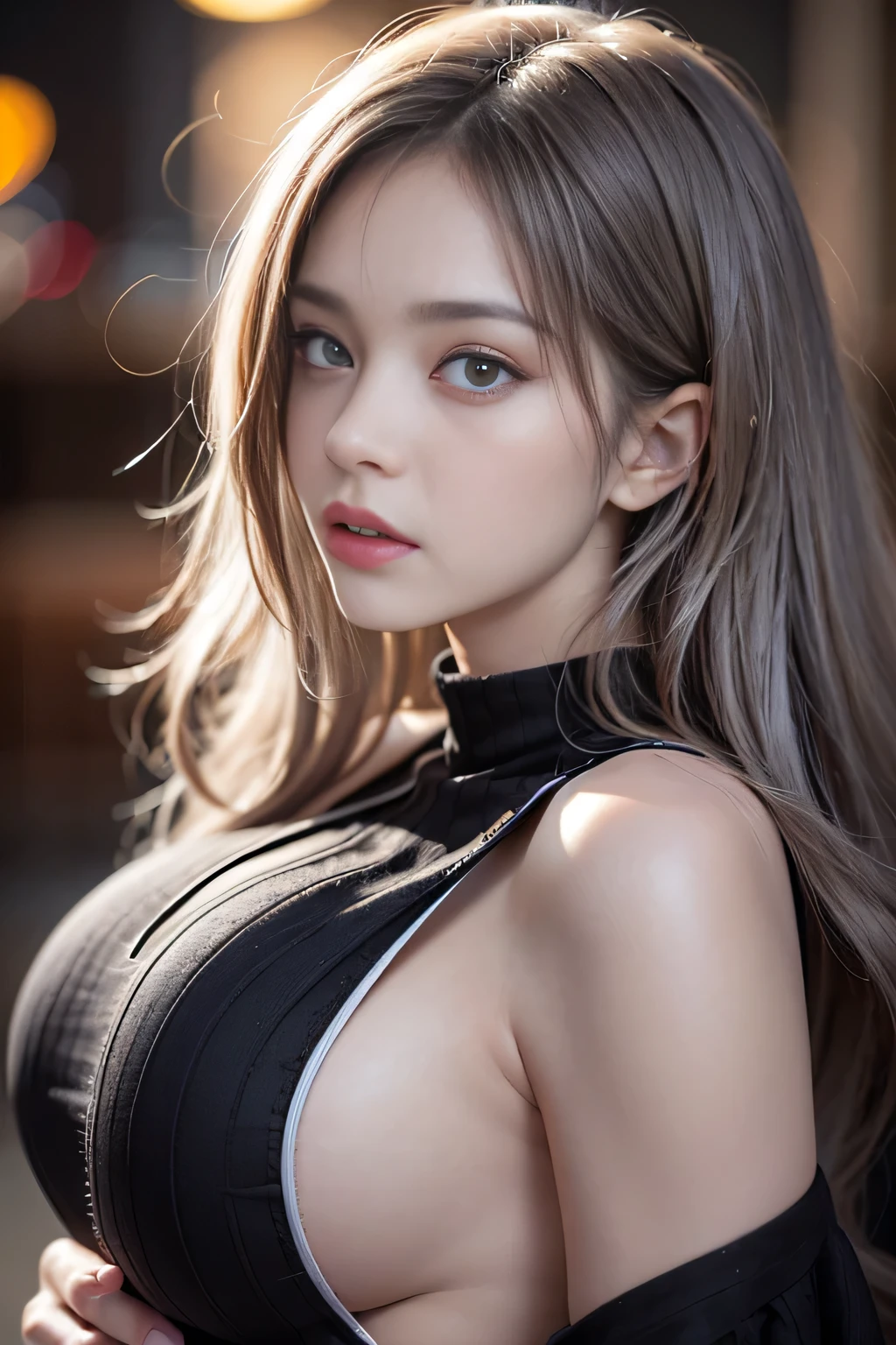 (masterpiece:1.3), (8k, Realistic, RAW Photos, highest quality: 1.4), (1 female), Beautiful mature face, Beautiful big breasts、(Thin face), Beautiful grey hairstyles, Realistic eyes, Beautiful and beautiful eyes, (Realistic skin), Beautiful Skin, break、(ribbed fabric Sweater dress、Big Size), Confused, charm, charm、Ultra-high resolution, Surreal, Very detailed, Beautiful feet、Charming thighs、Back streets at night、Busy Street、Shadow、Shyly、Shiny sexy lips and lip gloss💄、Glossy fluorescent pink lipstick、(Sweat, vapor)、((narrow, drooping eyes、Cold Stare、Don&#39;t look here))