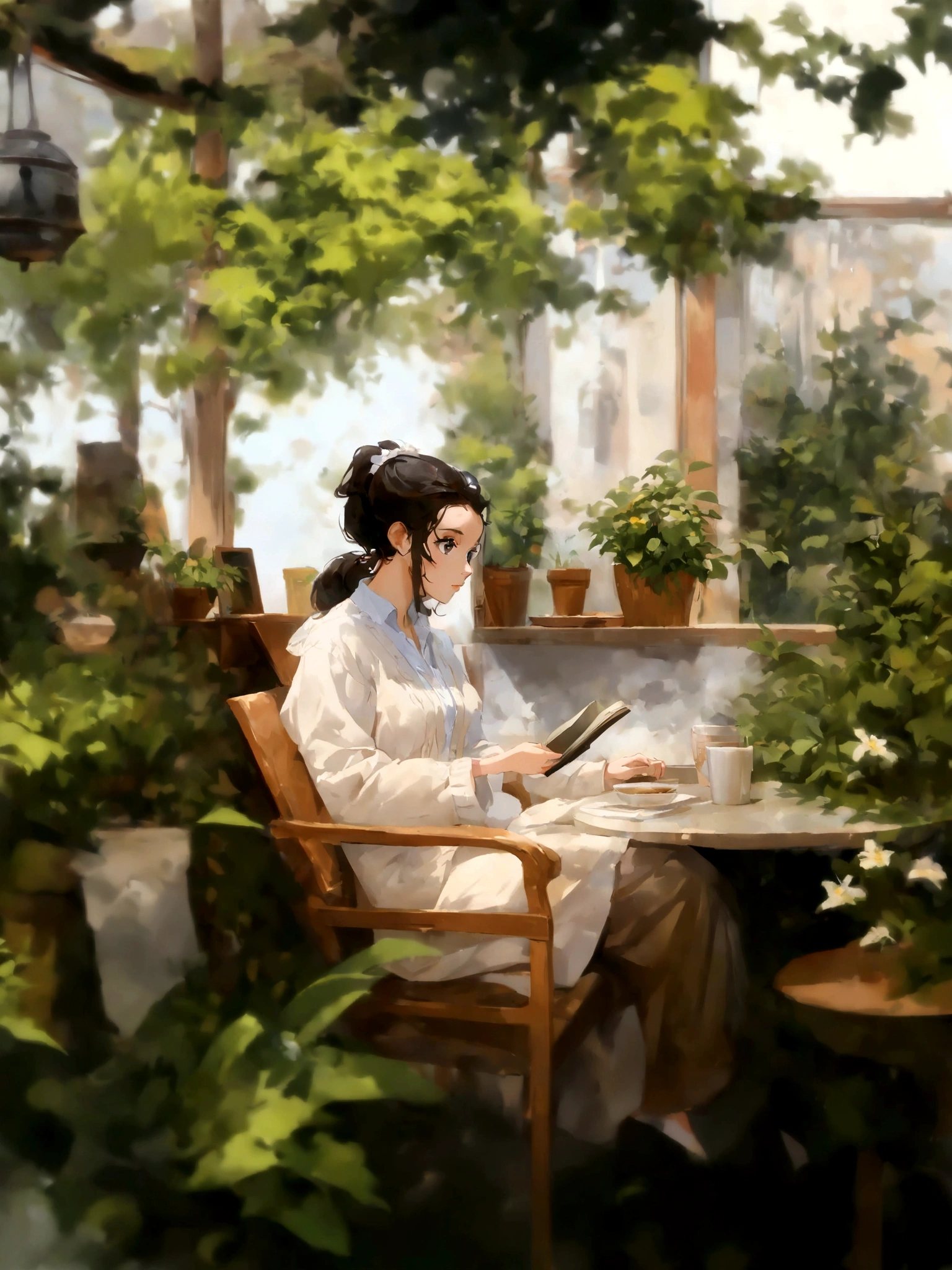 (Daisaku),(Need),(Super meticulous),(full bodyesbian:1.2), 1girl, anime girl sitting in a chair reading a book in a garden, artwork in the style of guweiz, sitting in a cafe alone, mysterious coffee shop girl, sitting alone in a cafe, sitting in a cafe, cozy cafe background, painted in anime painter studio, relaxing concept art, makoto shinkai art style, by Yang J, makoto shinkai style, ,(Beautiful and delicate eyes),
