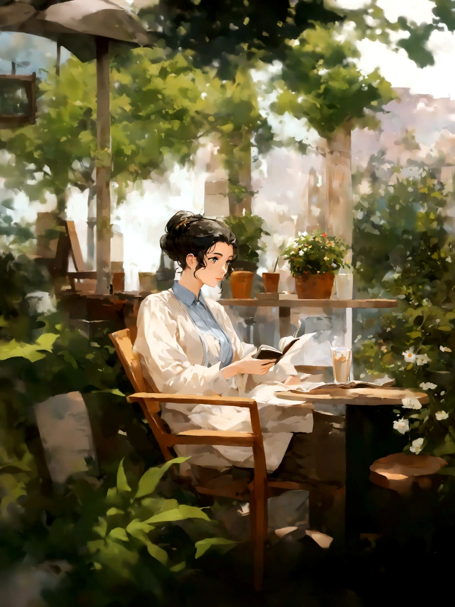 (Daisaku),(Need),(Super meticulous),(full bodyesbian:1.2), 1girl, anime girl sitting in a chair reading a book in a garden, artwork in the style of guweiz, sitting in a cafe alone, mysterious coffee shop girl, sitting alone in a cafe, sitting in a cafe, cozy cafe background, painted in anime painter studio, relaxing concept art, makoto shinkai art style, by Yang J, makoto shinkai style, ,(Beautiful and delicate eyes),