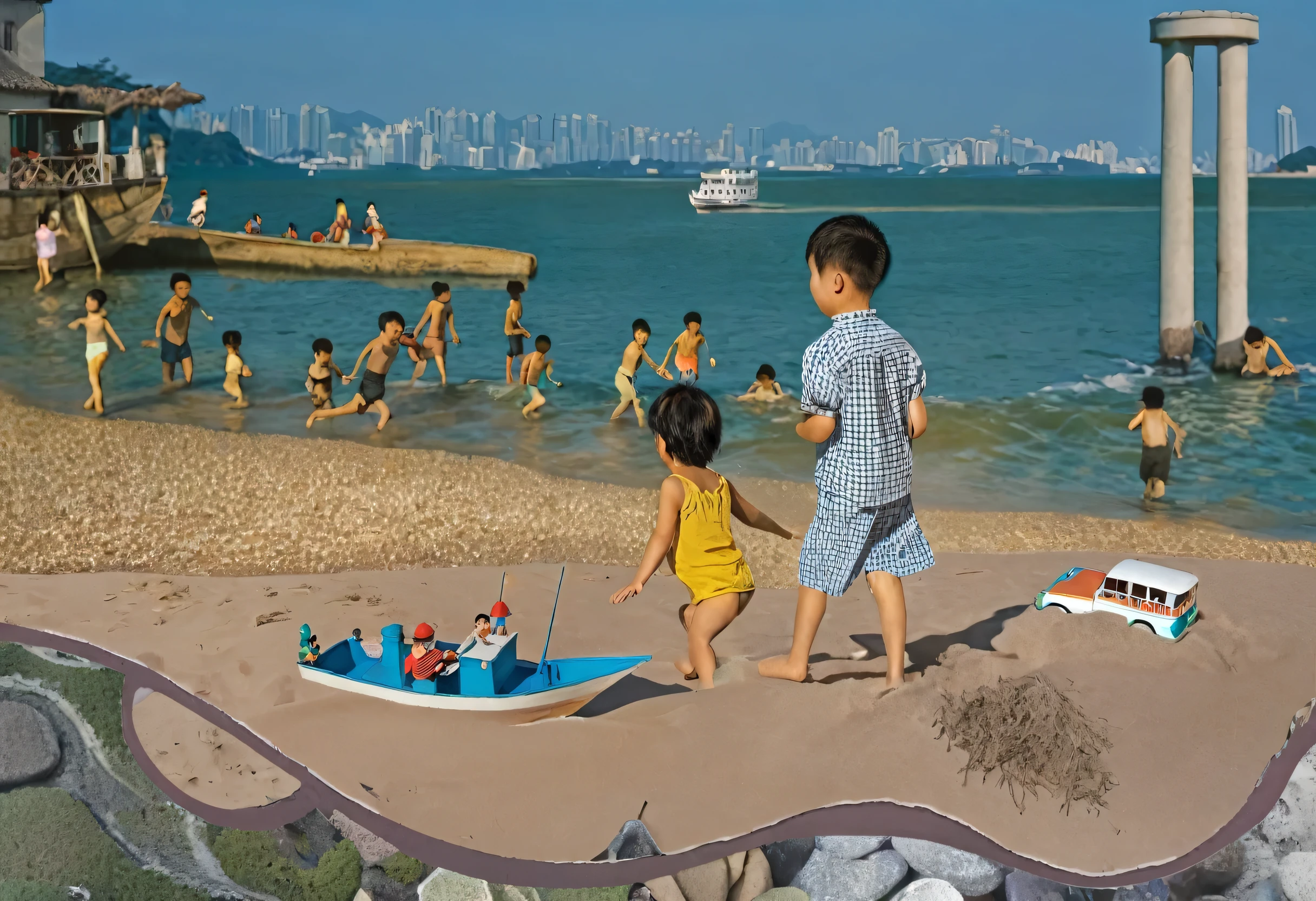 Two  playing with toy boat on the beach, Joel Sternfield, Ruan Jian, inspired By Fei Danxu, zezhou chen, Wei Wang, ren heng, Jin Jin, By Fei Danxu, inspired by Zhou Jichang, joe webb, Collage style joseba elorza, children playing at the beach, author：Leandro Erlich