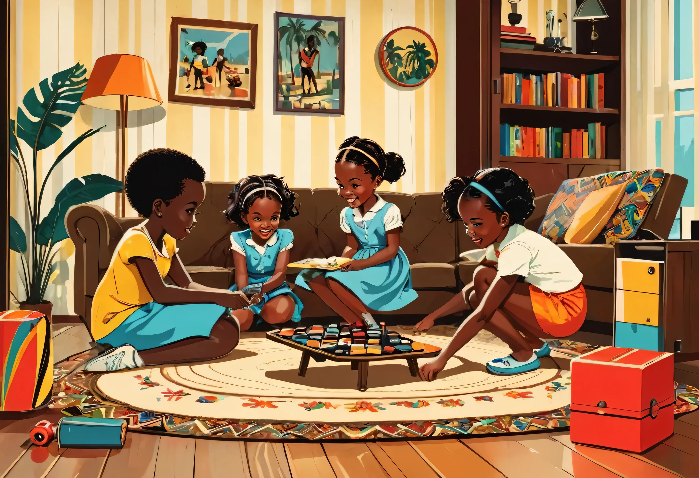 Two girls and a boy playing in the living room, African home, retro,