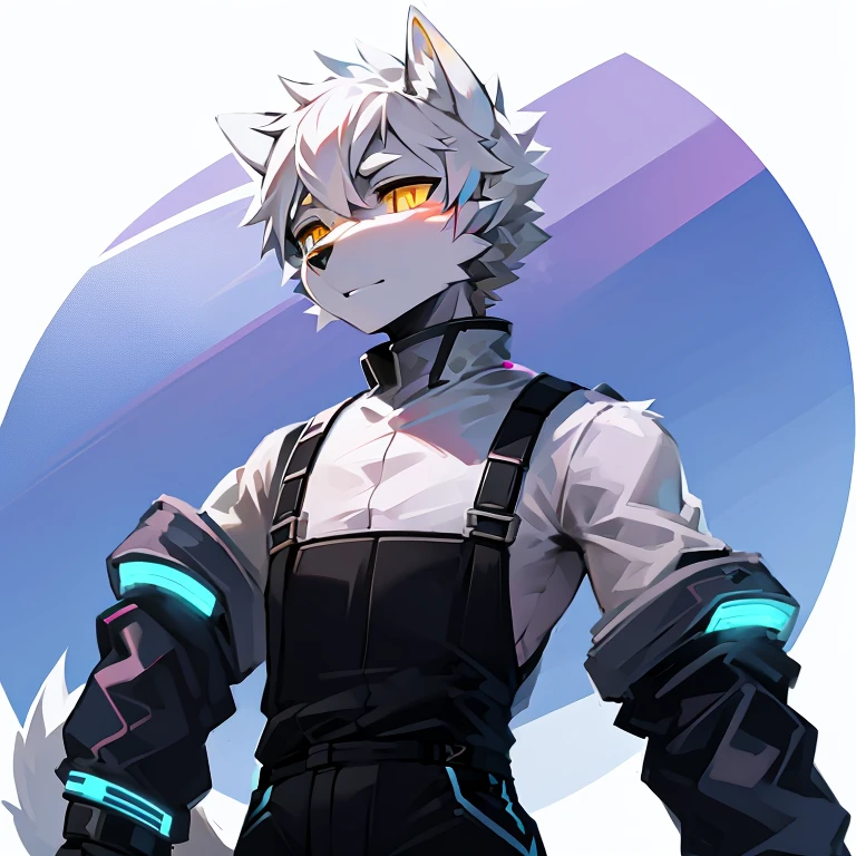 cyber punk perssonage,epcot,Tech style,solo person,White body,White ears,White hair,Overall white,Orange-yellow eyes,Wolf tail,Wolf orcs,Young,Wear a short-sleeved shirt,Ultra-clear screen,Soft lines