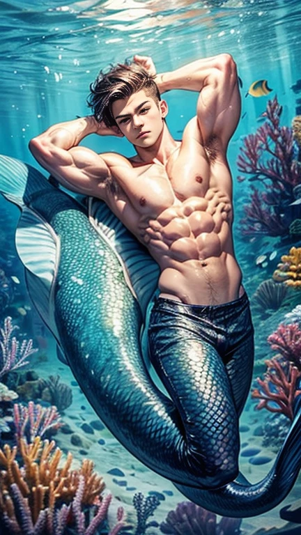 Full body image, mermaid tail, Boy 18 years old, big muscles, shirtless, short hair, sexy, tired face. Sexy poses under the sea, armpit hair
