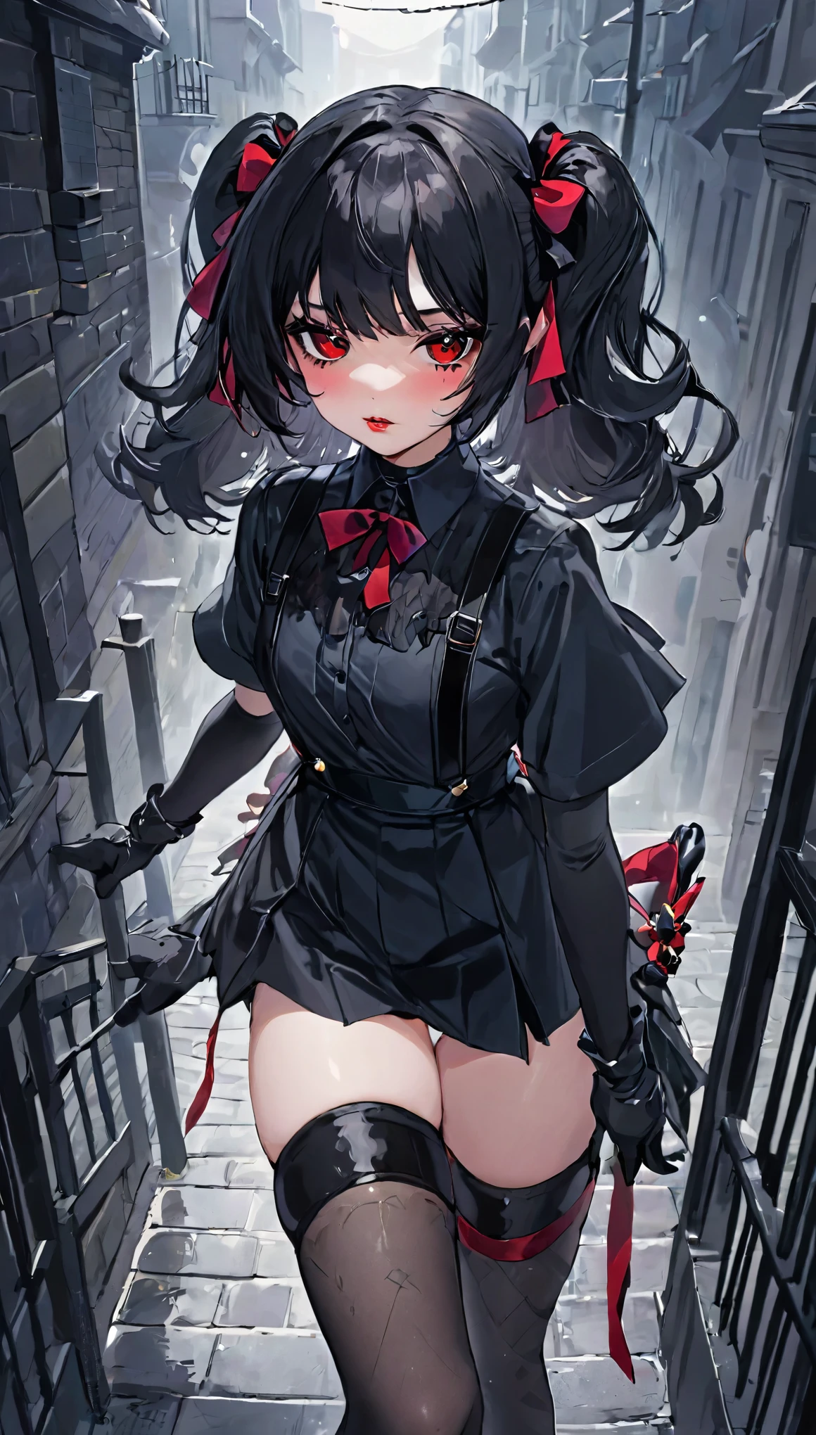 Rory Mercure, Rory Mercure, Black Hair, Blunt bangs, Cut him, hair ornaments, lipstick, Long Hair, compensate, Cute Face, (Small box:1.2), (Red eyes:1.5), Break black gloves, black Thighs, suspender belt, gloves, Gothic, Hair Ribbon, Gothic fashion, puffy Short sleeve, Manche Bouffant, Short sleeve, Thighs, Break outdoors, Night City, Break looking at viewer, Break (Head&#39;artwork:1.2), highest quality, High resolution, Unit 8K Wallpaper&#39;screen, (figure:0.8), (Beautiful fine details:1.6), Highly detailed face, Perfect lighting, Highly detailed CG, (Perfect hands, Perfect Anatomy),