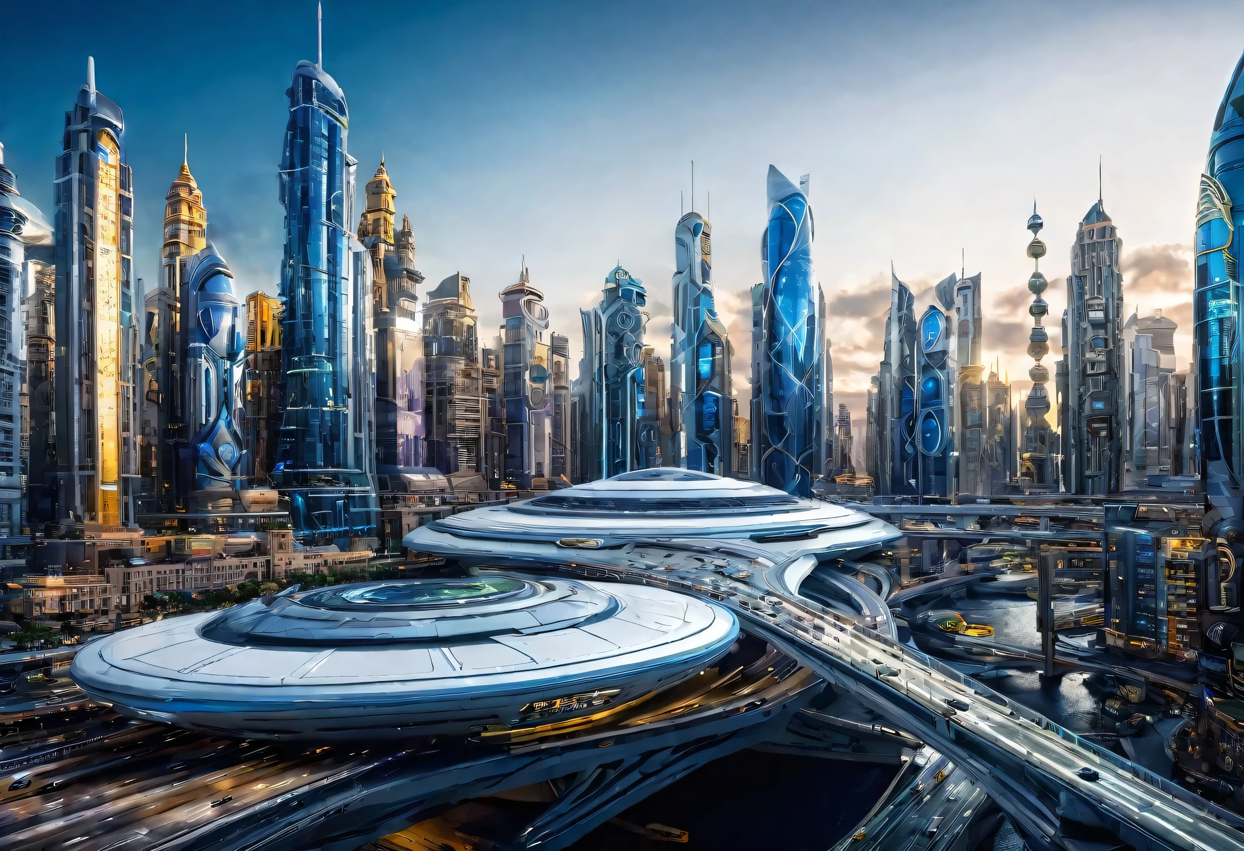 Art Photography，Many people live in the future city，Many people live in the future city，Number city，Future city scenes，Intelligent transportation systems，Intelligent Building，A lot of spaceships，Light，Prime Time，Blues moments，National Geographic，masterpiece，oscar winning，8k