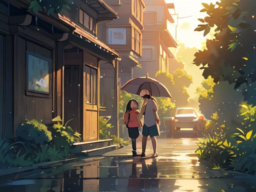 Walking along the path after the rain, walking with you, sunset, emotional, 8k artistic photography, perfect composition, trending pixiv fanbox, style of makoto shinkai and studio ghibli, ultra hd, realistic anime, pastel colors, highly detailed, UHD drawing, beautiful detail, photorealistic concept art, soft natural volumetric cinematic perfect light