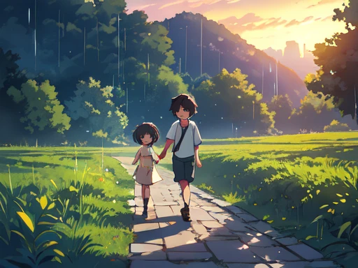 Walking along the path after the rain, walking with you, sunset, emotional, 8k artistic photography, perfect composition, trending pixiv fanbox, style of makoto shinkai and studio ghibli, ultra hd, realistic anime, pastel colors, highly detailed, UHD drawing, beautiful detail, photorealistic concept art, soft natural volumetric cinematic perfect light