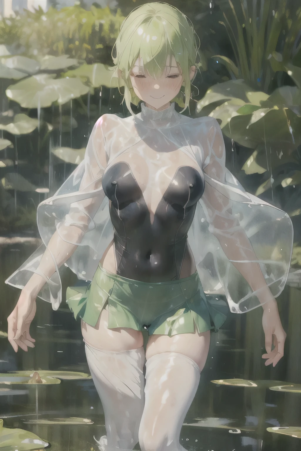 female,Round Face,Meat toot,Slime Skin,luminous translucency,Exaggerated Action,Relax,elegant,whole body,(((Exposing thighs))),Transparent openwork,Deep V,((Short skirt)),leggings,Disheveled,(((Wet clothing))),(((Ultra-thin clothing))),Grinning,(Monet)