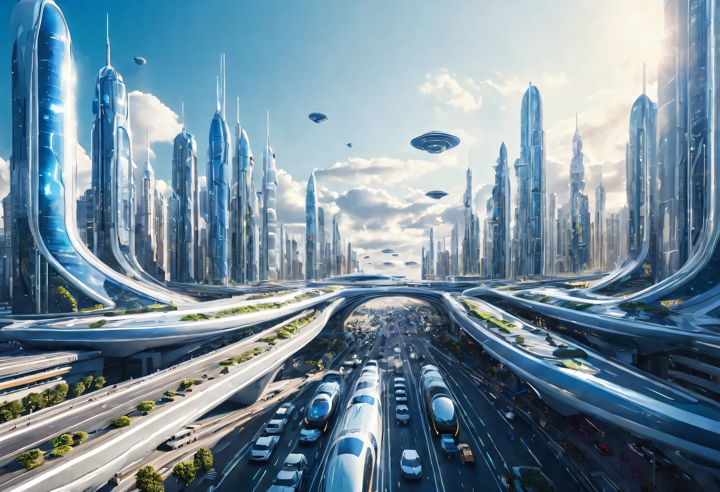 Art Photography，Many people live in the future city，Number city，3D style future city scene，architecture，Intelligent transportation systems，Smart architecture，A lot of spaceships，Light，Prime Time，Blues moments，National Geographic，Futurism，masterpiece，oscar winning，8k