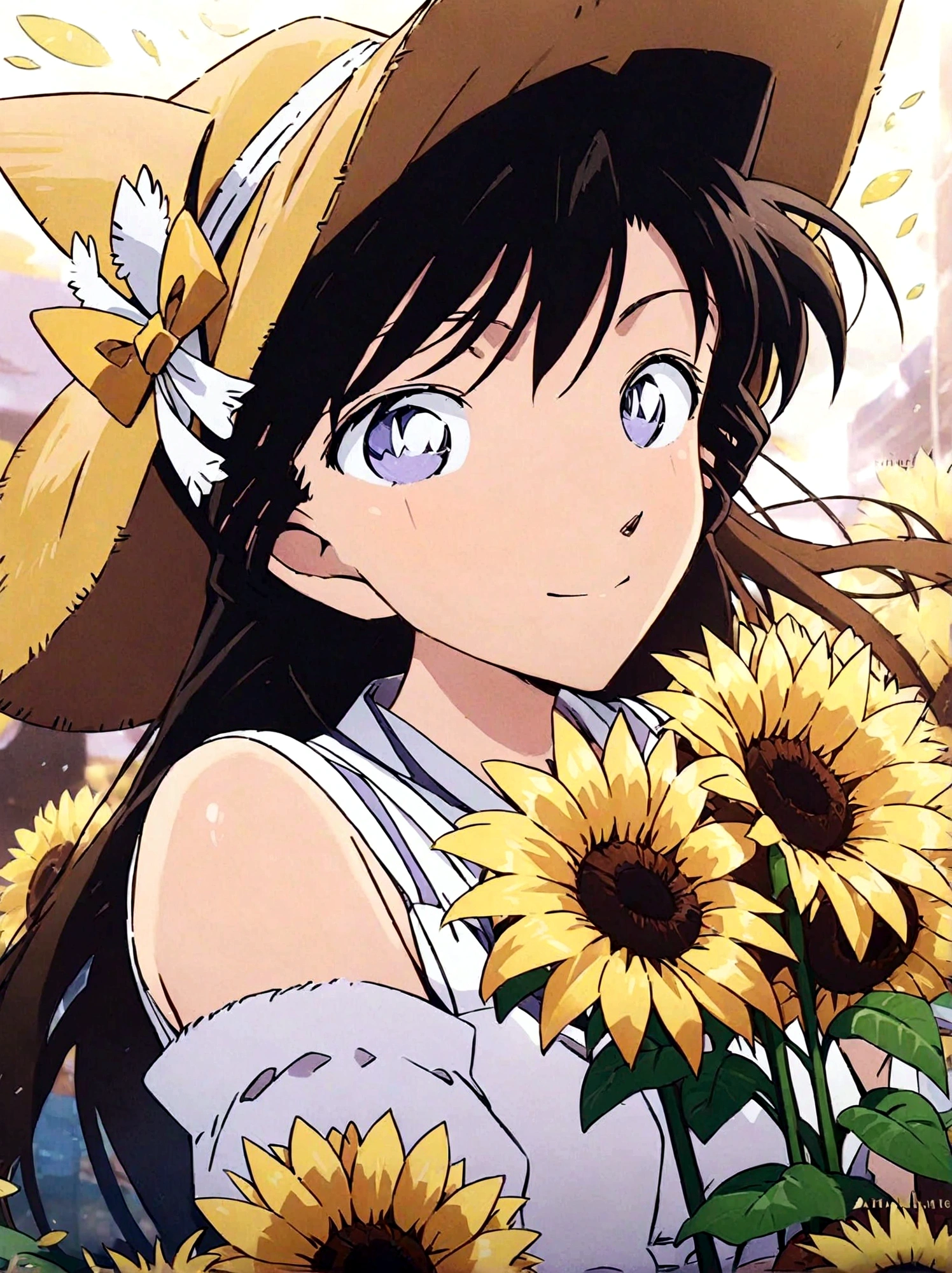 (masterpiece, best quality:1.2), ((Super detailed)), high resolution, Anime style , photo, photography, Detailed background,1 black hair beauty，The girl holding the sunflower, the light and shadow of the movie, the angelic smile，Sunshine, bright colors