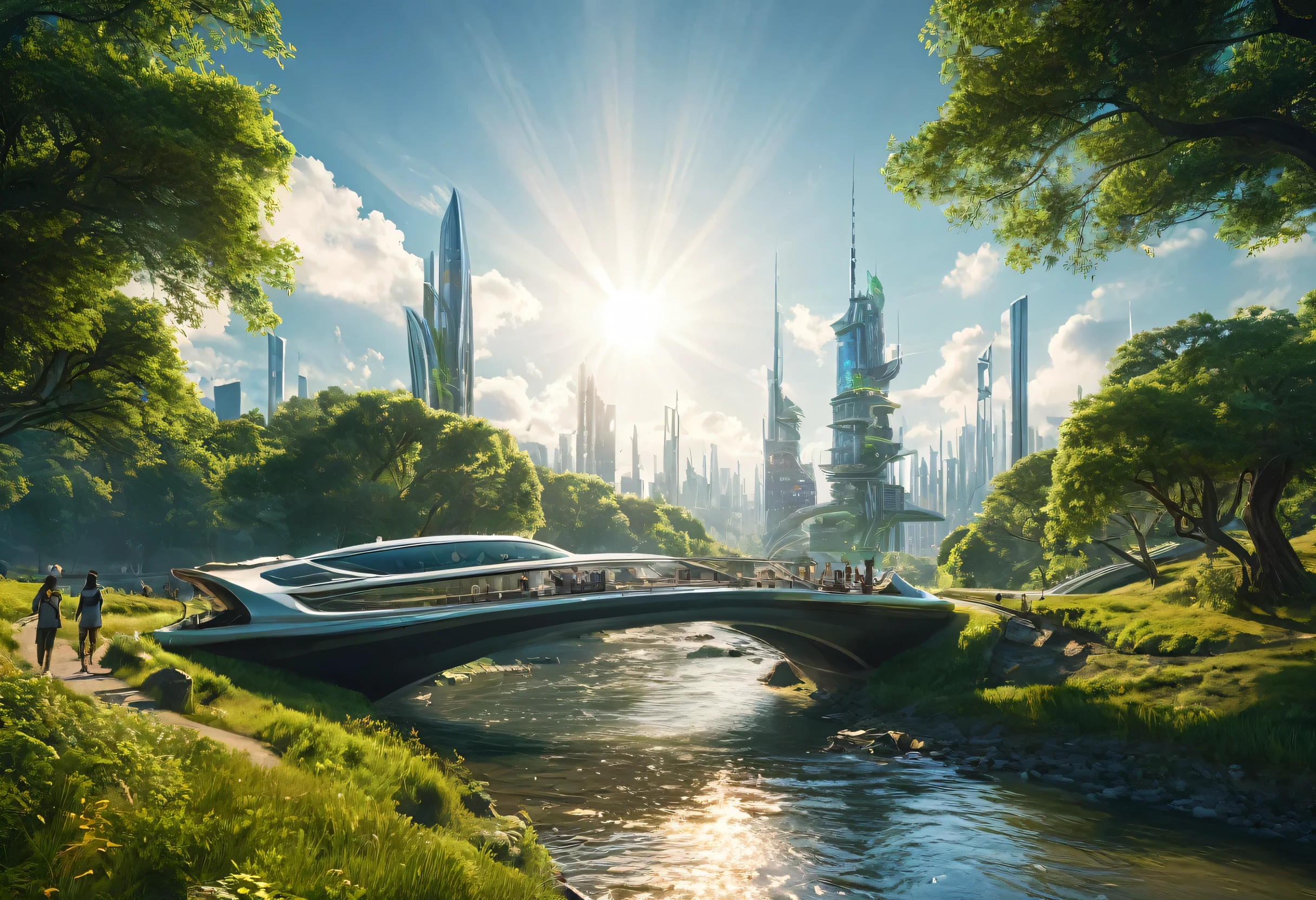 surreal photography, futuristic, sci-fi, virtualization, digital city, river, bridge, boats, technology, mechanization, futurism, a big city, a big city, 8K, highly detailed digital art, CG art, ultra-fine 3D matte painting, a big city, beautiful countryside, realistic photography, rural scenery, lush green fields, rolling hills, children playing, sunlight shining through trees, warm colors, natural lighting, highly detailed, 8k, realism, masterpiece