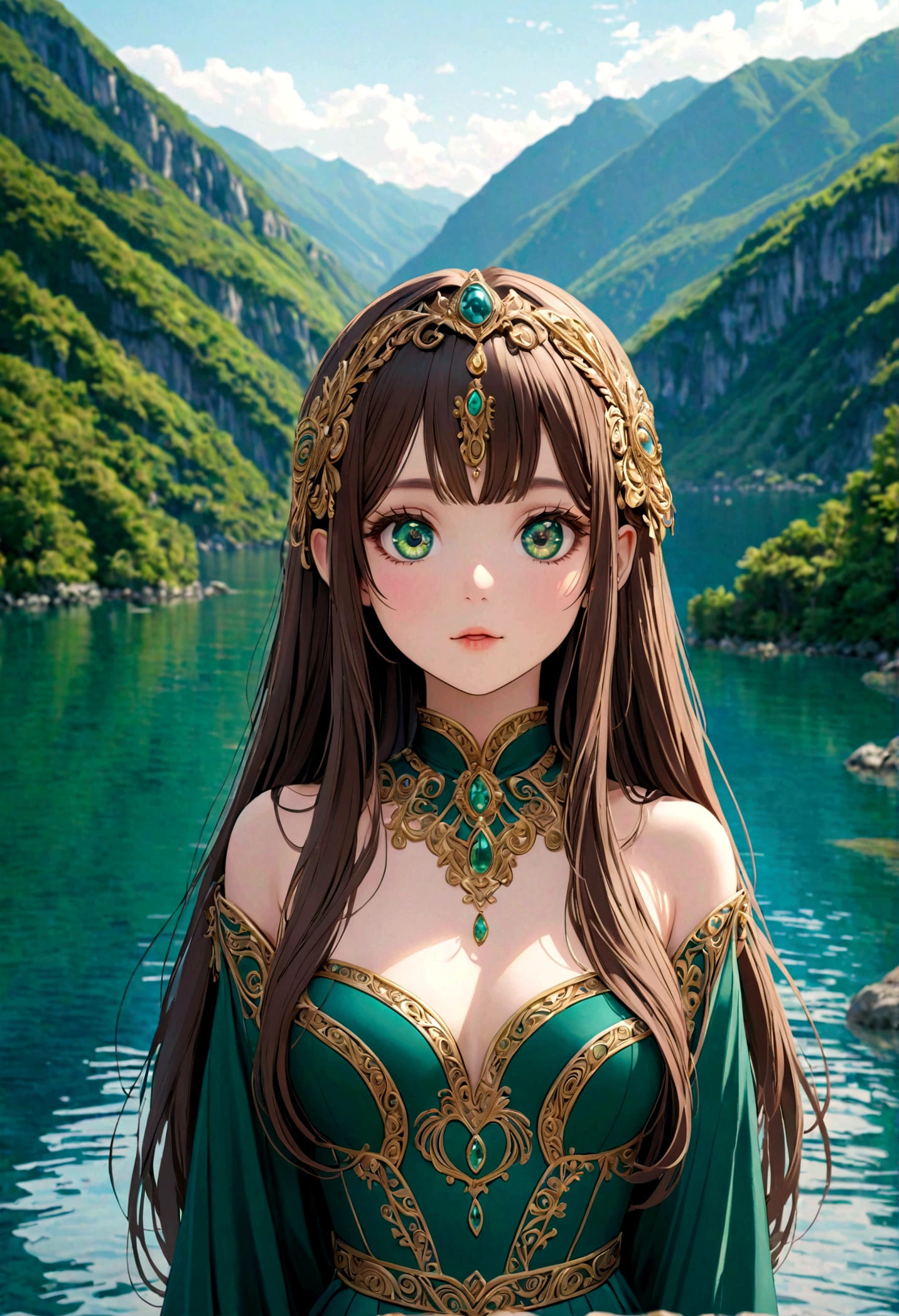 Costumes, long hair, girl, big eyes, Green mountains and clear waters,