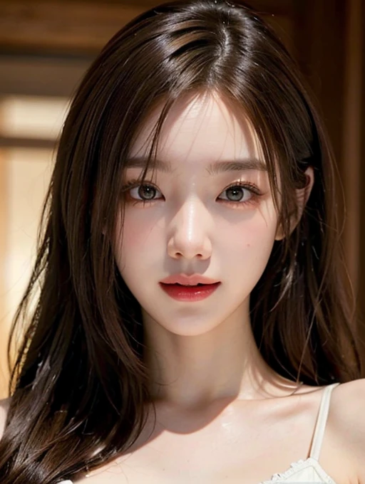 ((masterpiece: 1.4, best quality))+,(ultra detail)+, official art, unity 8k wallpaper, ultra detail, beautiful, high quality, Highlight your cute face, masterpiece, best quality, semi straight hair medium length hair, (brown eyes, brown hair), bust, looking straight ahead, laugh, breast exposure, (bust:1.3)