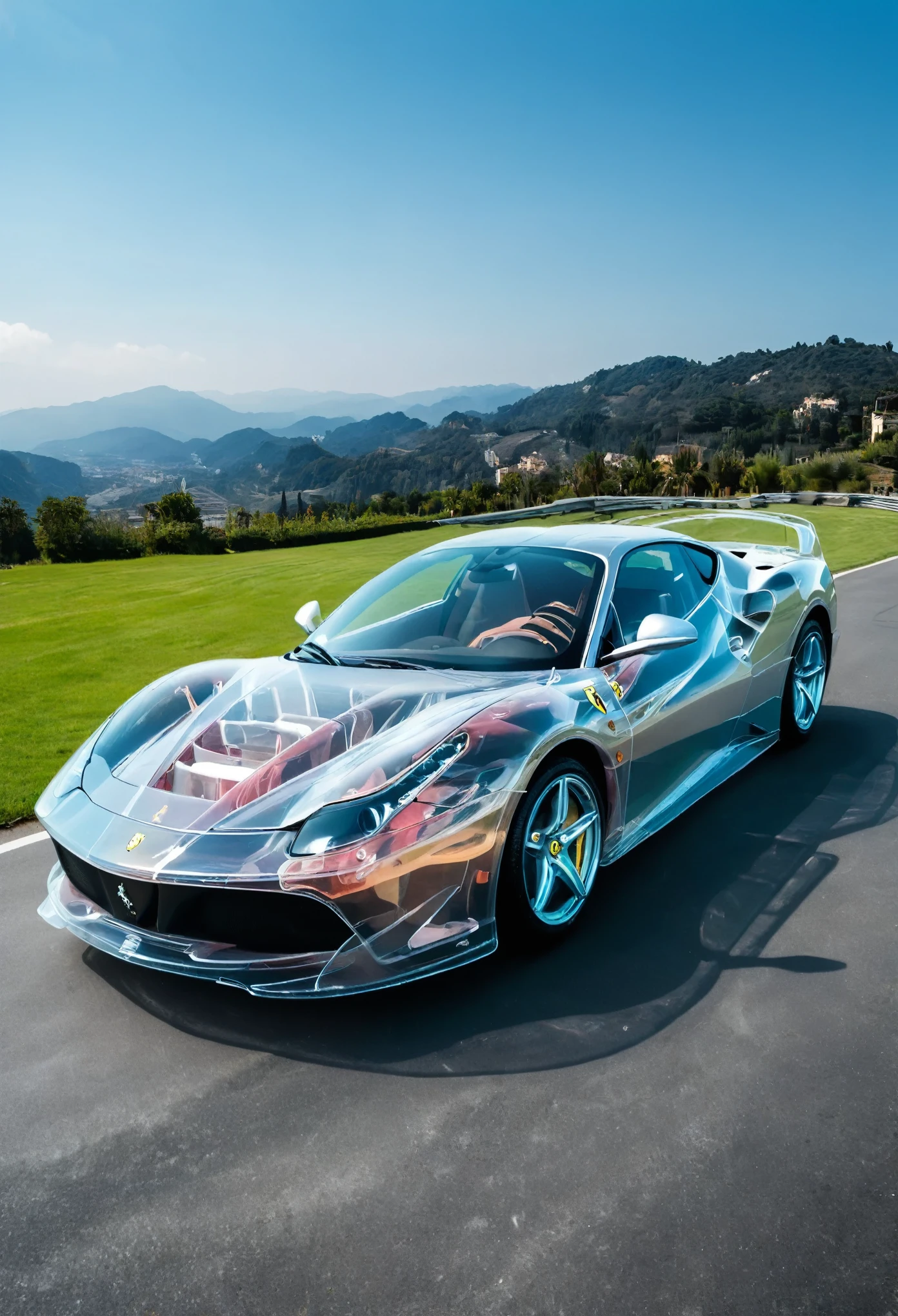 image of a fully transparent translucent ferrari, you can see the engine through her transparent skin