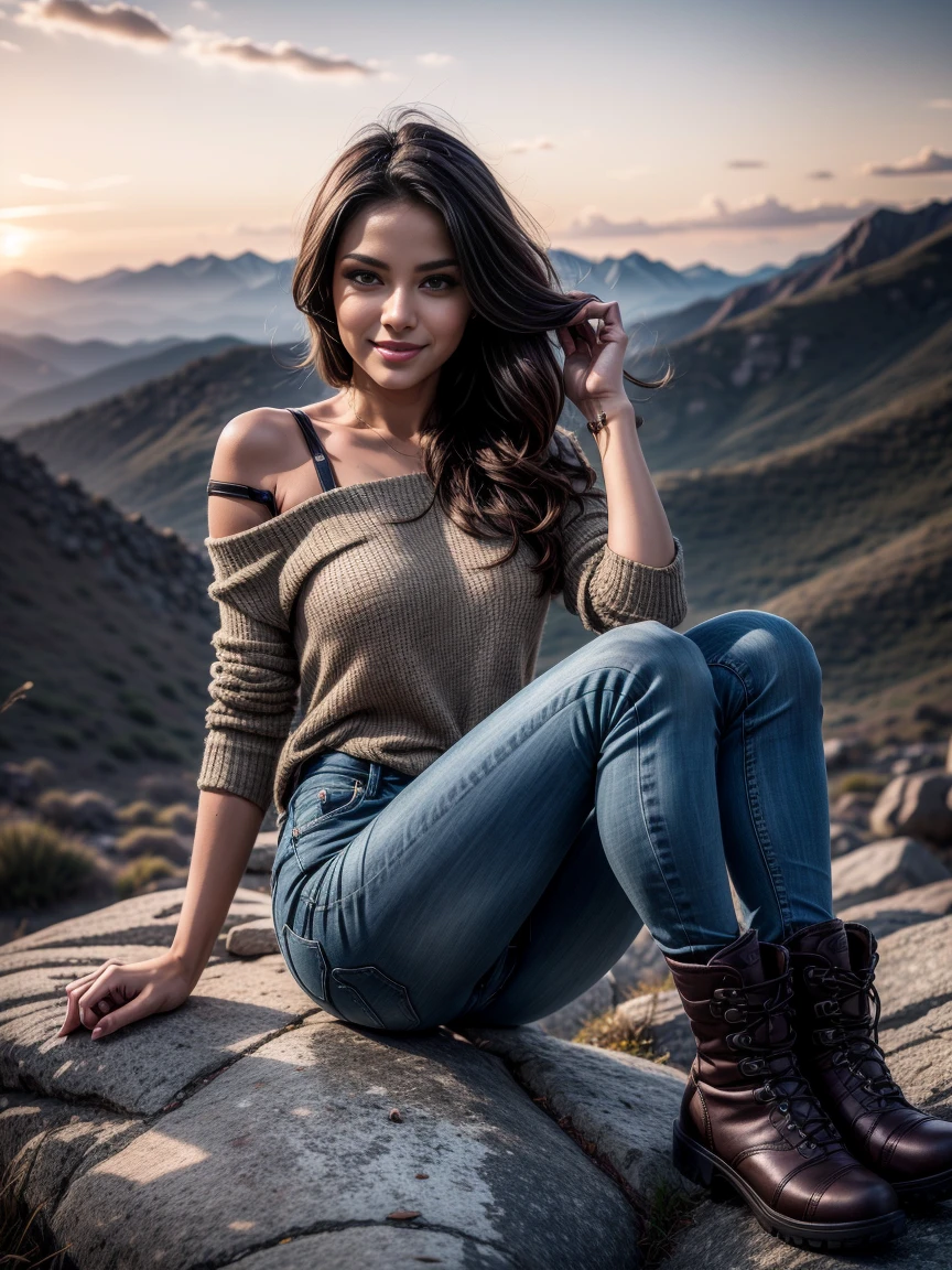 a woman 30 years old ,, wearing trekking boots, yellow shirt, and long jeans, she has a backpack.  , sexy girl, gorgeous woman, seductively looking, black hair and a perfect body, sexy  woman, casual pose,perfect face  ,seen whole character,red lips,shapely slim body , shapely thighs ,brown eyes,beautiful eyes,She is in the mountains, sitting back on a rock and admiring the beautiful view in front of her,8K,cinematic light,high resolution,seductive smile 