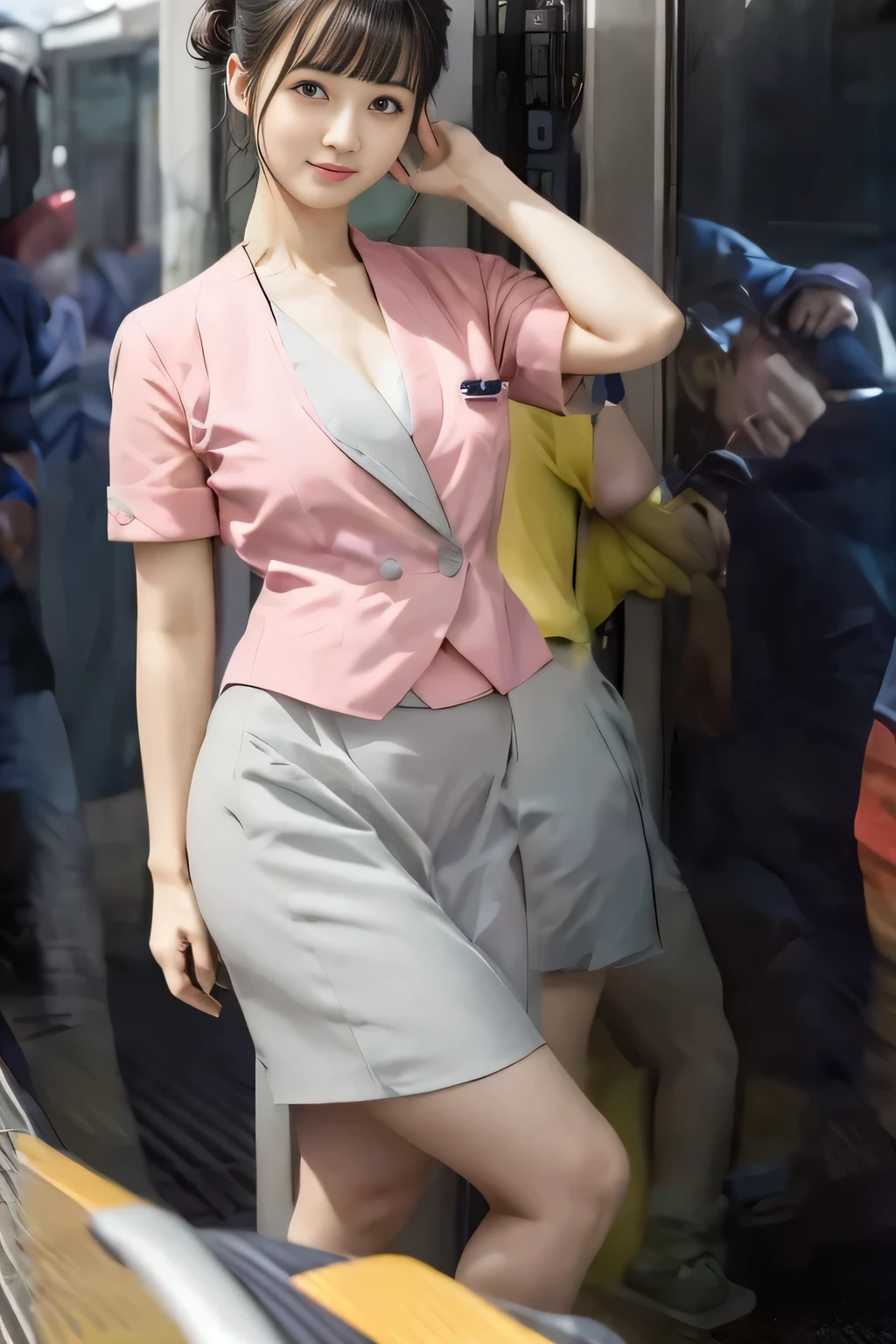 (masterpiece:1.2, highest quality:1.2), 32K HDR, High resolution, (alone、1 girl)、(On the rooftop of a building in the daytime、Professional Lighting)、Building rooftop background、(Nankai train crew uniform pinkを着たリアルスタイル)、(Nankai train crew uniform pink short sleeve pink jacket、Nankai Train Crew Uniform Pink Collarless Short Sleeve Blouse、Nankai Train Crew Uniform Pink Grey Knee-length Culottes)、Dark brown hair、(Hair tied up、Hair Bun、Hair Bun)、Dark brown hair、Long Shot、Big Breasts、Thin legs、((Great hands:2.0)),((Harmonious body proportions:1.5)),((Normal limbs:2.0)),((Normal finger:2.0)),((Delicate eyes:2.0)),((Normal eyes:2.0)))、smile、(Nankai Train Crew Uniform Pink Grey Knee-length Culottesを見せた美しい歩く姿)、Place your hands around your stomach
