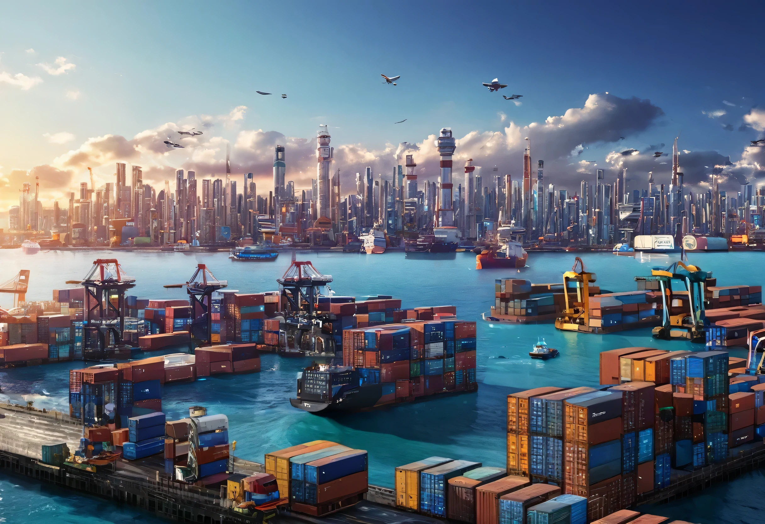 Surreal photography，Large container terminal，Large container terminal，Busy，A sci-fi shipping port port with many containers,  8K ，Highly detailed digital art,  CG art, Ultra-detailed 3D painting，