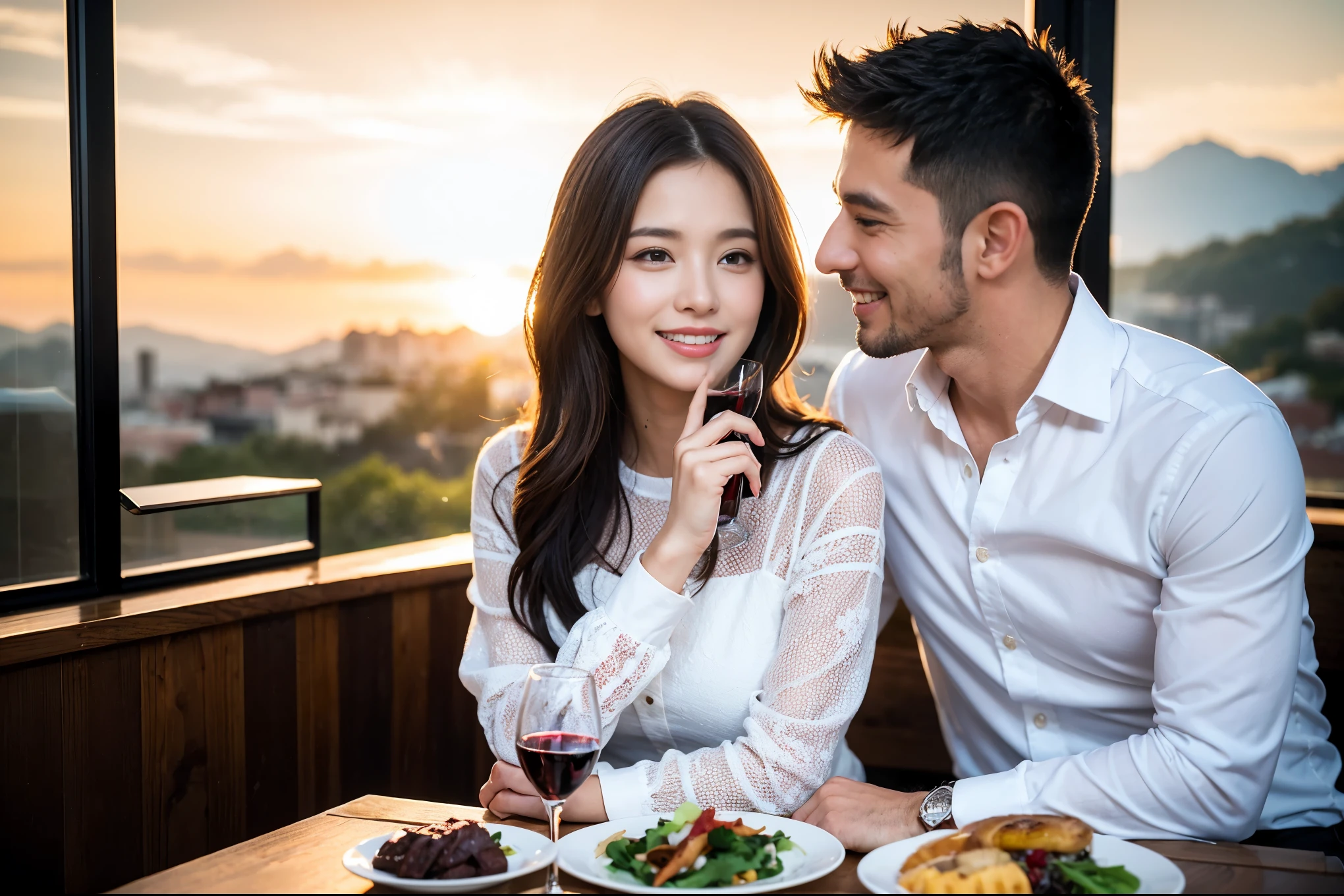 ((highest quality、8k、masterpiece:1.3))、1 male、1 female、Spouse、Beautiful couple、smile、 (Slim face), (the body is スリム), (Brown Hair), (Shortcuts), テーブルの上のwine glass、Please shine a light on my face、 Amazing view of the sunset sky and clouds、Amazing mountain views、smileの美しさ、Bright image、Blushing, Shortcuts,Bright Face、 (Age 35), 39 years old, red wine 、Appetizers、Italian food、Wine bottle、Champagne、sparkling wine、Long sleeve shirt、dress、Attractive beauty、restaurant, Nova Frog Style, actress, model, Upper Body, White wine, red wine, wine glass,