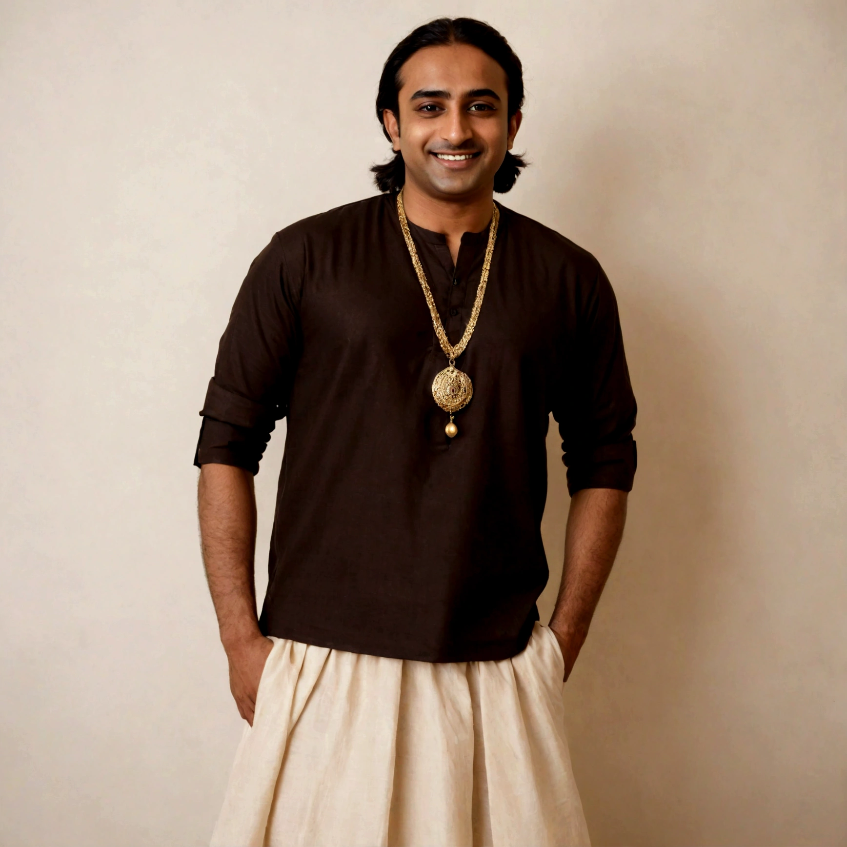 Create a full-body image from head to toe of Faiz_the_Eco-Magician standing against a white backdrop. Faiz is deeply rooted in Lahore's rich environmental and historical heritage. They have a warm, dark-brown skin tone that reflects their Balochi heritage. Their face is round with a big smile, a friendly and inviting expression, large almond-shaped brown eyes that sparkle_with_curiosity_and_kindness, and bushy eyebrows. Faiz's hair is black, cropped very close to skin, with a braid playfully falling across their left shoulder They stand at approximately 5 feet 8 inches tall, with a slightly obese physique, embodying a healthy and approachable presence. Faiz is dressed in traditional Pakistani attire a white dhoti and beige khaddar kurta with an earth theme pendant and bangle. They wear a rust wornout khussa. In one hand, Faiz holds small paper flower.