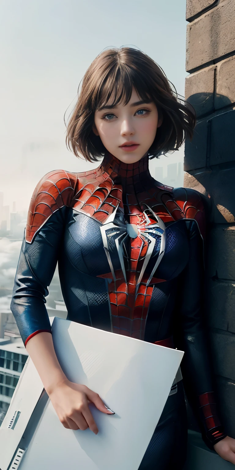 (1girl:1.3), Solo, (((Very detailed face)))), ((Very detailed eyes and face)))), Beautiful detail eyes, Body parts__, Official art, Unified 8k wallpaper, Super detailed, beautiful and beautiful, beautiful, masterpiece, best quality, original, masterpiece, super fine photo, best quality, super high resolution, realistic realism, sunlight, full body portrait, amazing beauty, dynamic pose, delicate face, vibrant eyes, (from the front), She wears Spider-Man suit, red and black color scheme, spider, very detailed city roof background, rooftop, overlooking the city, detailed face, detailed complex busy background, messy, gorgeous, milky white, highly detailed skin, realistic skin details, visible pores, clear focus, volumetric fog, 8k uhd, DSLR, high quality, film grain, fair skin, photo realism, lomography, futuristic dystopian megalopolis, translucent, nsfw