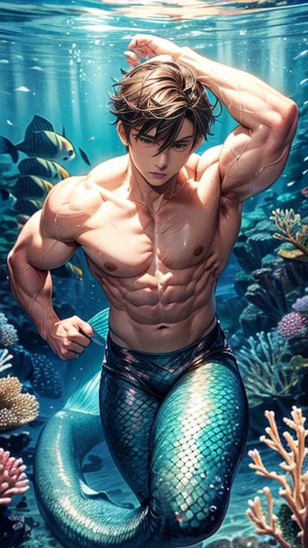 Full body image, 2 mermaid tail, 2 Boy 18 years old, big muscles, shirtless, short hair, sexy, tired face. Sexy poses under the sea, armpit hair