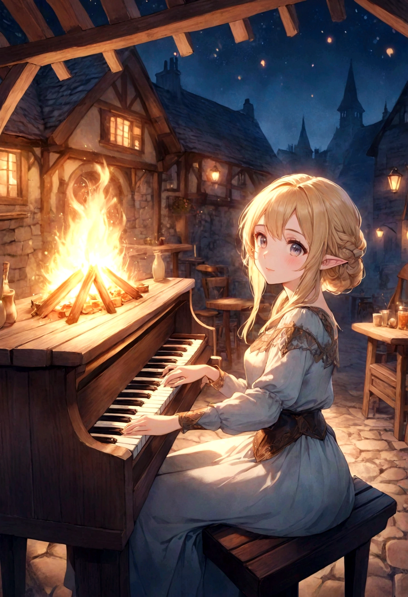 Pastel watercolor painting, fantasy game worldview, medieval European outdoor tavern, soft light, wooden counter, cute, adorable, animation style, relaxing atmosphere, dreamland, beautiful adult glamorous female elf playing wooden piano, blonde hair, in front of a bonfire, night atmosphere, flying sparks, beautiful face, 8k, high resolution, ultra high quality, clear lines, animation style,