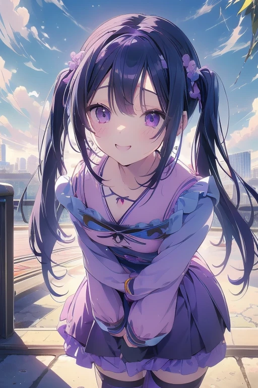 ((masterpiece)), (((HDR))), ((best quality)), (ultra high quality), (hi-res), ((1 anime girl)) (((pastel purple eyes))), beautiful eyes, detailed eyes, ((teen)), (((blue black hair))), (bangs), twintails, tied hair, ((long straight hair)), ((small breast)), (((zettai ryouiki))), (plump thighs), (chubby thighs), (thin waist), (((thigh gap))), ((happy expression)), (smile), crooked tooth, sharp tooth, cute, facing camera, ((looking up at camera)), ((leaning forward)), bend at waist, (idol clothes), standing, point, walking, in the city, outside, buildings, sidewalk, daytime, sunlight on face, noon, bright sun, city scenery, crosswalk, birds