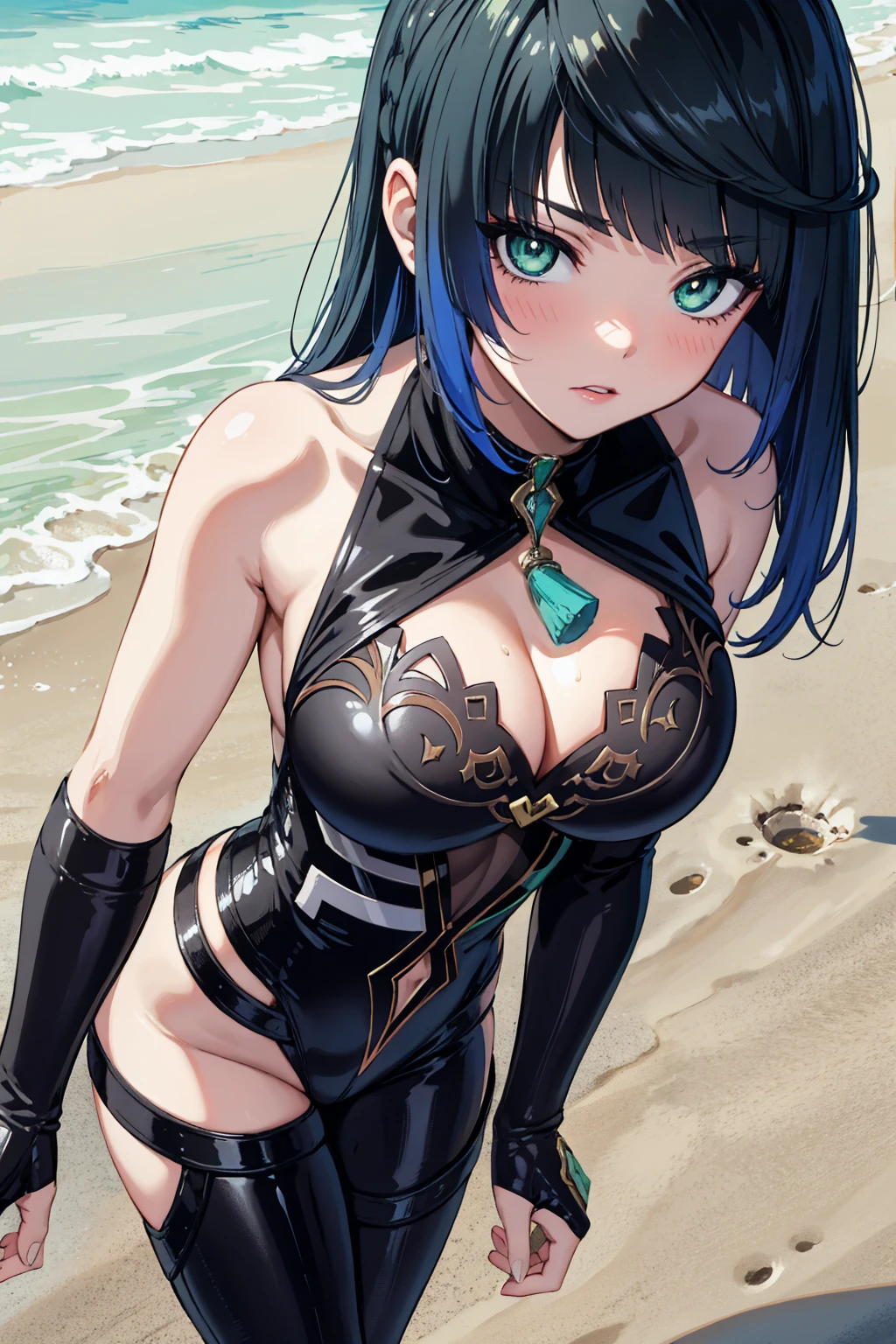 perfect body, sensual cleavage, medium breasts, black suit, Christmas outfit, Ultra HD, 4k image, view of the character from above, best image quality, (fidelity: 1.4), light green globe eyes, eyelashes, beautiful pupil, shadows , slight blush, delicate facial features, reasonable facial features, bare shoulders exposed, waist exposed