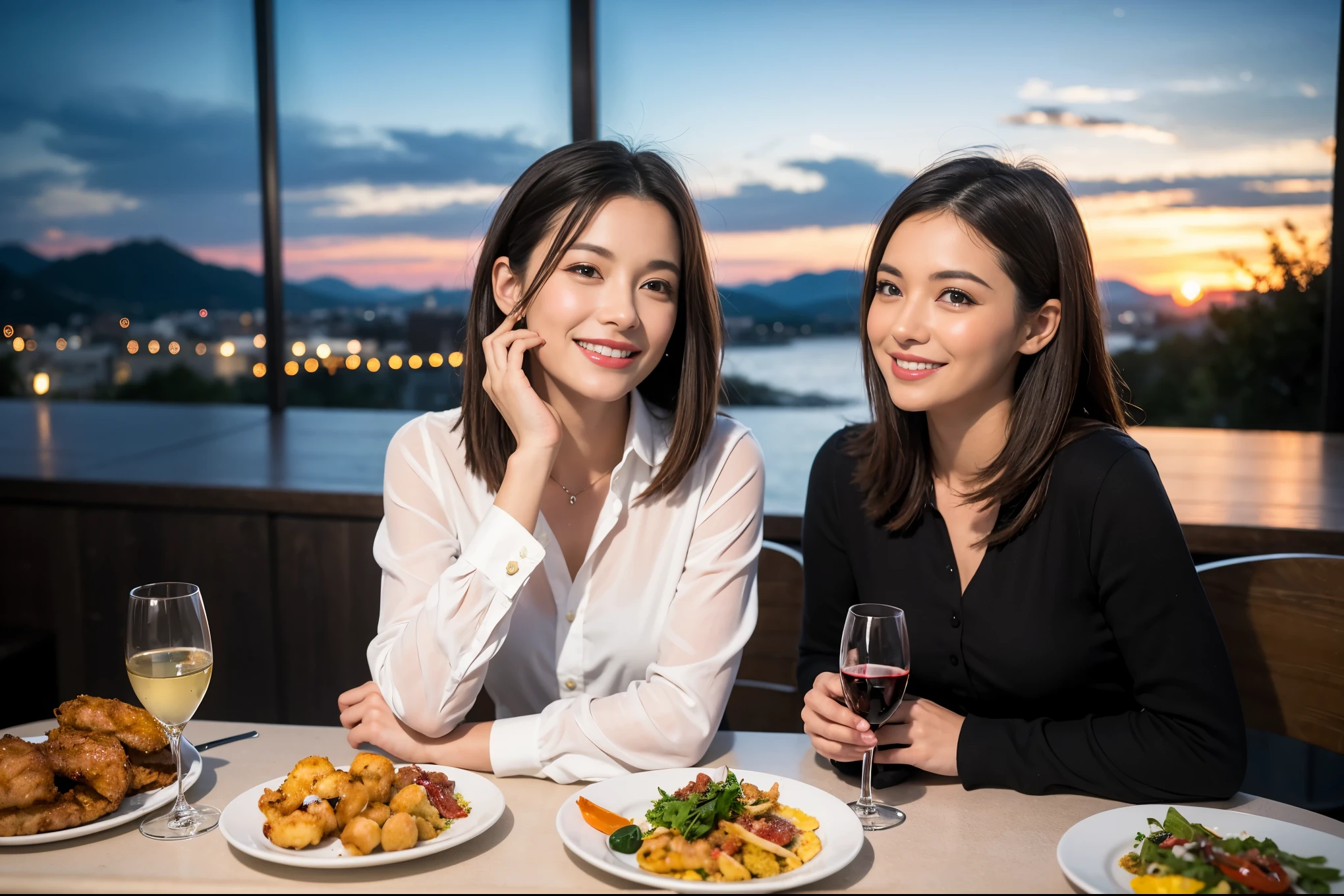 ((highest quality、8k、masterpiece:1.3))、1 male、1 female、Spouse、Beautiful couple、smile、 (Slim face), (the body is スリム), (Brown Hair), (Shortcuts), ((Bob Hale、Straight hair:1.2)), テーブルの上のwine glass、Please shine a light on my face、 Amazing view of the sunset sky and clouds、Amazing mountain views、smileの美しさ、Bright image、Blushing, Shortcuts,Bright Face、 (Age 35), 39 years old, red wine 、Appetizers、Italian food、Wine bottle、Champagne、sparkling wine、Long sleeve shirt、dress、Attractive beauty、restaurant, Nova Frog Style, actress, model, Upper Body, White wine, red wine, wine glass,