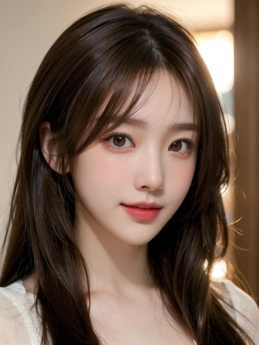 ((masterpiece: 1.4, best quality))+,(ultra detail)+, official art, unity 8k wallpaper, ultra detail, beautiful, high quality, Highlight your cute face, masterpiece, best quality, semi straight hair medium length hair, (brown eyes, brown hair), bust, looking straight ahead, laugh, (bust 누드:1.4), (bust:1.3)