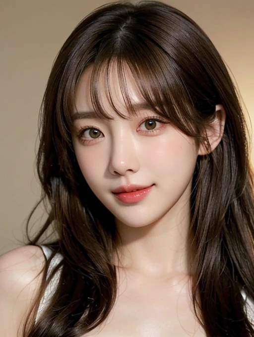 ((masterpiece: 1.4, best quality))+,(ultra detail)+, official art, unity 8k wallpaper, ultra detail, beautiful, high quality, Highlight your cute face, masterpiece, best quality, semi straight hair medium length hair, (brown eyes, brown hair), bust, looking straight ahead, laugh, (bust 누드:1.4), (bust:1.3)