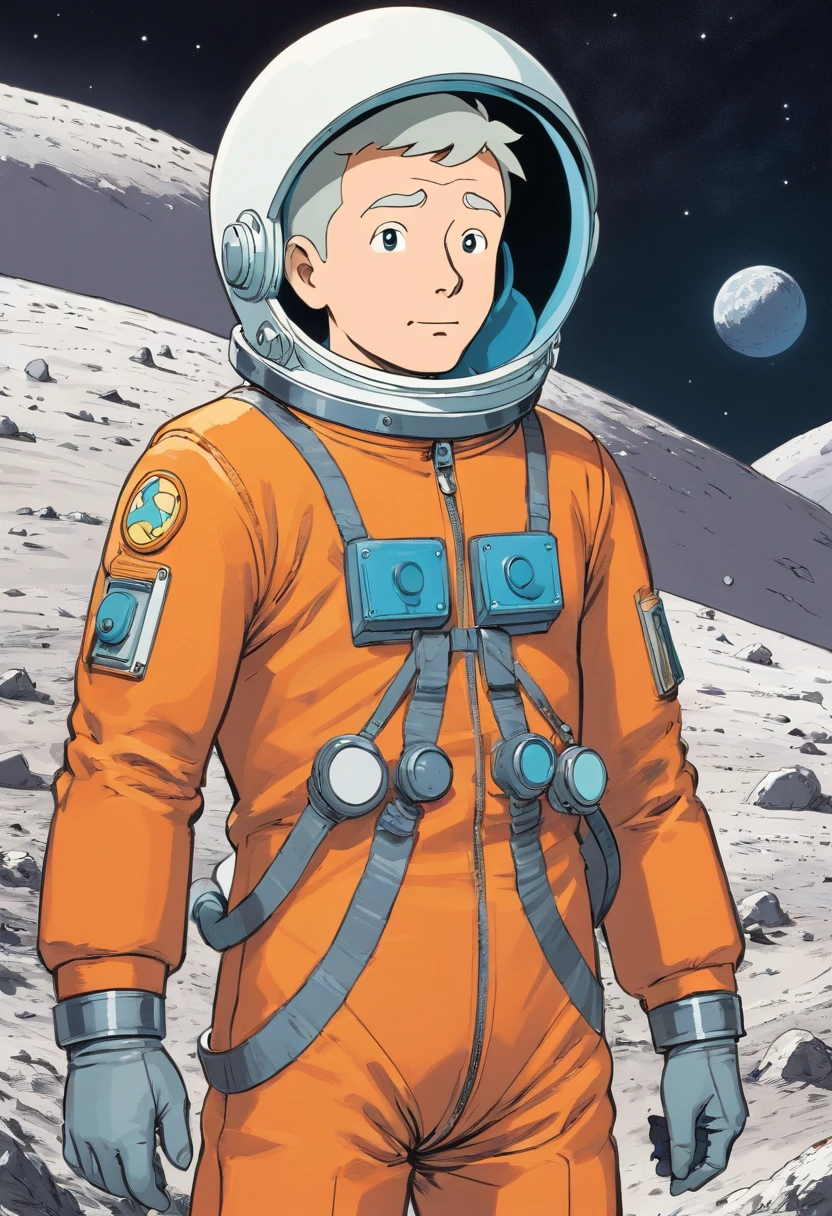 Tintin, 50 years old male wearing retro orange cosmonaut suit, slick and neat short gray hair, hand on hips pose, in the surface of the moon , european comics