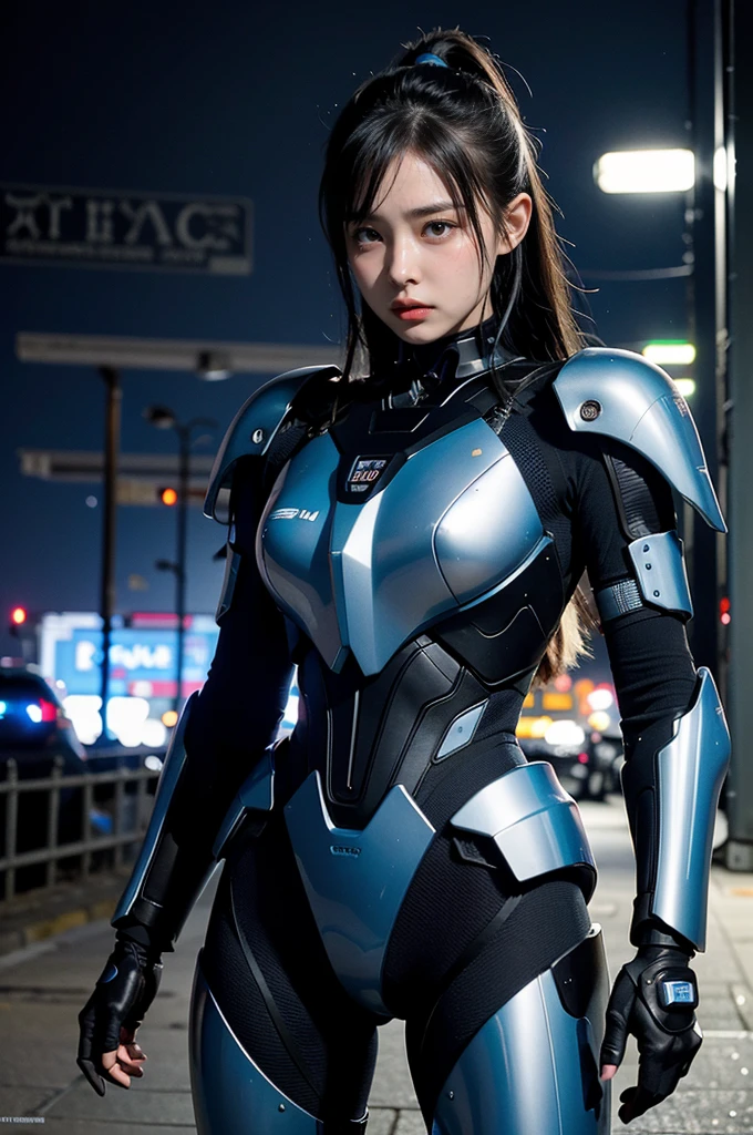 (RAW quality:1.4), Wide-angle shot, 1 female, Mecha, Sparkling blue eyes, 15 years old, Japanese, Very cute face, (Realistic:1.37), /imagine prompt: cyberpunk, police girl, armor, futuristic, neon lights, high-tech, edgy, sleek, dynamic pose, urban backdrop, reflections, metal textures, glowing visor, powerful stance, sci-fi, dramatic shadows, intense colors, high contrast, street style, badass, fierce, stylish, beauty, cybernetic enhancements 