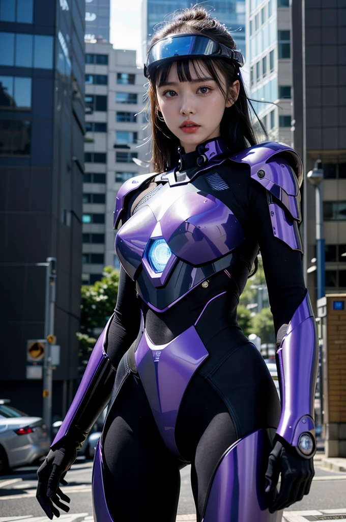 (RAW quality:1.4), Wide-angle shot, 1 female, Mecha, Sparkling blue eyes, , Japanese, Very cute face, (Realistic:1.37), /imagine prompt: cyberpunk, police girl, armor, futuristic, neon lights, high-tech, edgy, sleek, dynamic pose, urban backdrop, reflections, metal textures, glowing visor, powerful stance, sci-fi, dramatic shadows, intense colors, high contrast, street style, badass, fierce, stylish, beauty, cybernetic enhancements