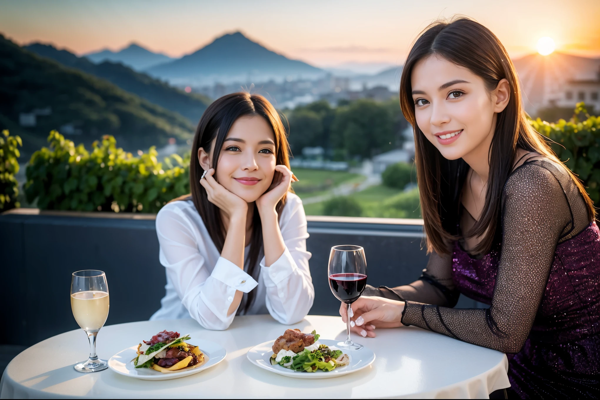 ((highest quality、8k、masterpiece:1.3))、1 male、1 female、Spouse、Beautiful couple、smile、 (Slim face), (the body is スリム), (Brown Hair), (Shortcuts), ((Bob Hale、Straight hair:1.2)), テーブルの上のwine glass、Please shine a light on my face、 Amazing view of the sunset sky and clouds、Amazing mountain views、smileの美しさ、Bright image、Blushing, Shortcuts,Bright Face、 (Age 35), 39 years old, red wine 、Appetizers、Italian food、Wine bottle、Champagne、sparkling wine、Long sleeve shirt、dress、Attractive beauty、restaurant, Nova Frog Style, actress, model, Upper Body, White wine, red wine, wine glass, 