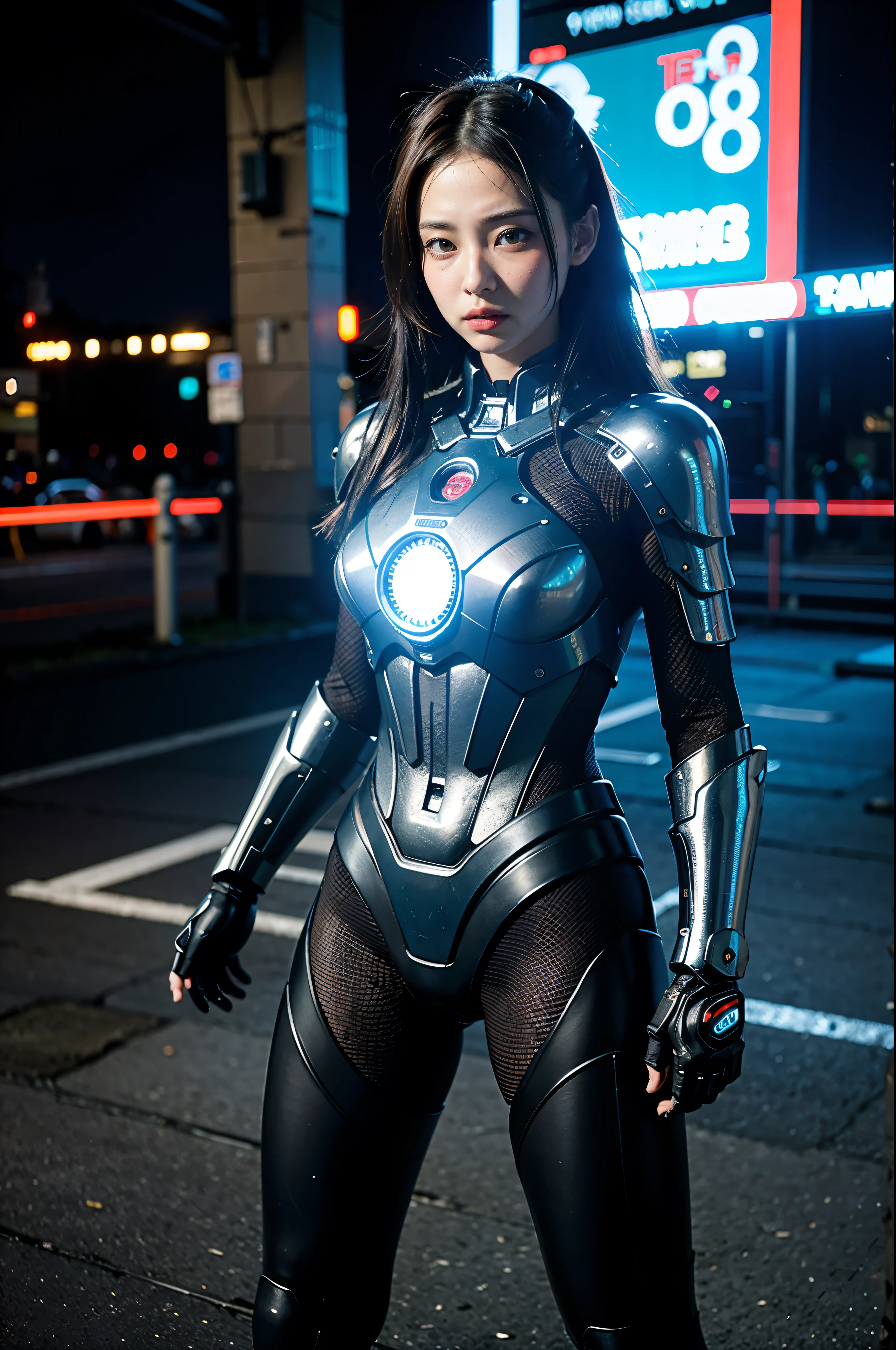 (RAW quality:1.4), Wide-angle shot, 1 female, Mecha, Sparkling blue eyes, 15 years old, Japanese, Very cute face, (Realistic:1.37), /imagine prompt: cyberpunk, police girl, armor, futuristic, neon lights, high-tech, edgy, sleek, dynamic pose, urban backdrop, reflections, metal textures, glowing visor, powerful stance, sci-fi, dramatic shadows, intense colors, high contrast, street style, badass, fierce, stylish, beauty, cybernetic enhancements 